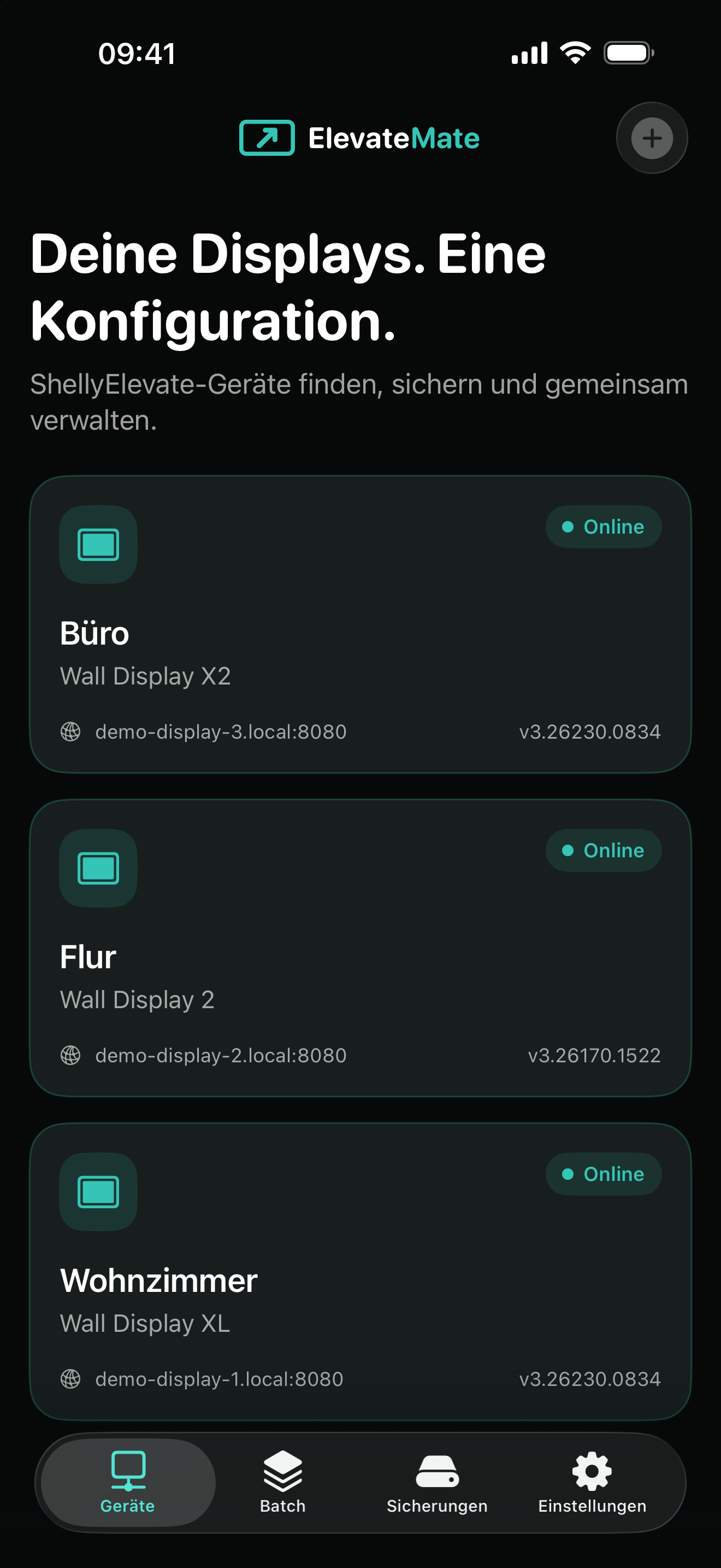 ElevateMate auf dem iPhone mit drei fiktiven ShellyElevate-Displays