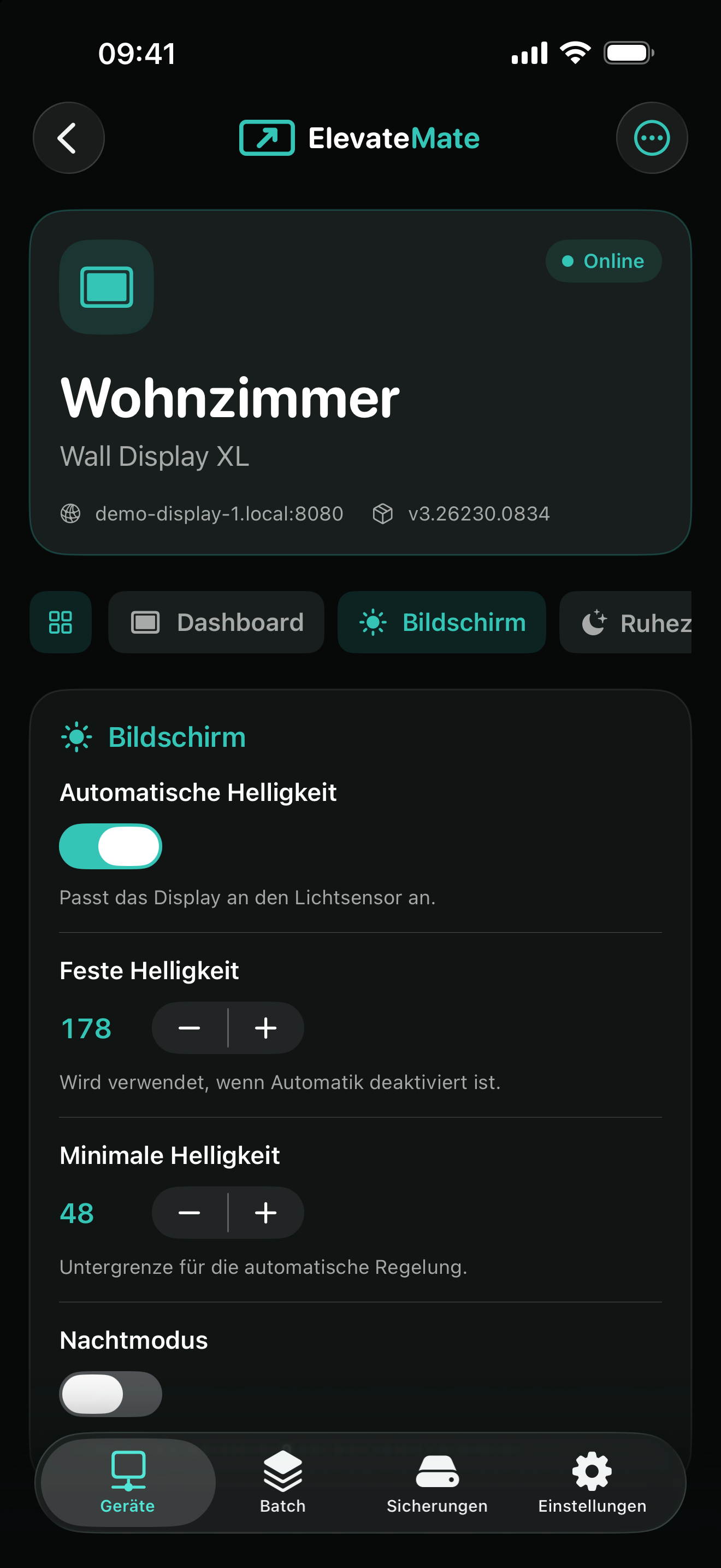 ElevateMate Geräteeditor auf dem iPhone mit kompatiblen Einstellungen
