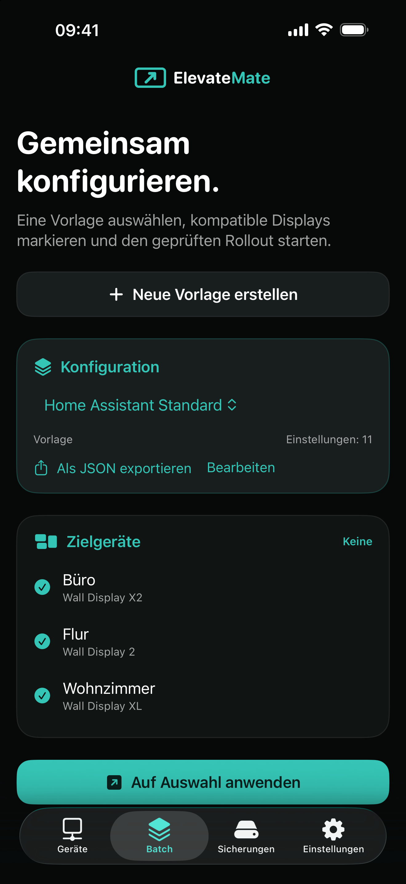 ElevateMate Batch-Konfiguration auf dem iPhone mit drei Zielgeräten