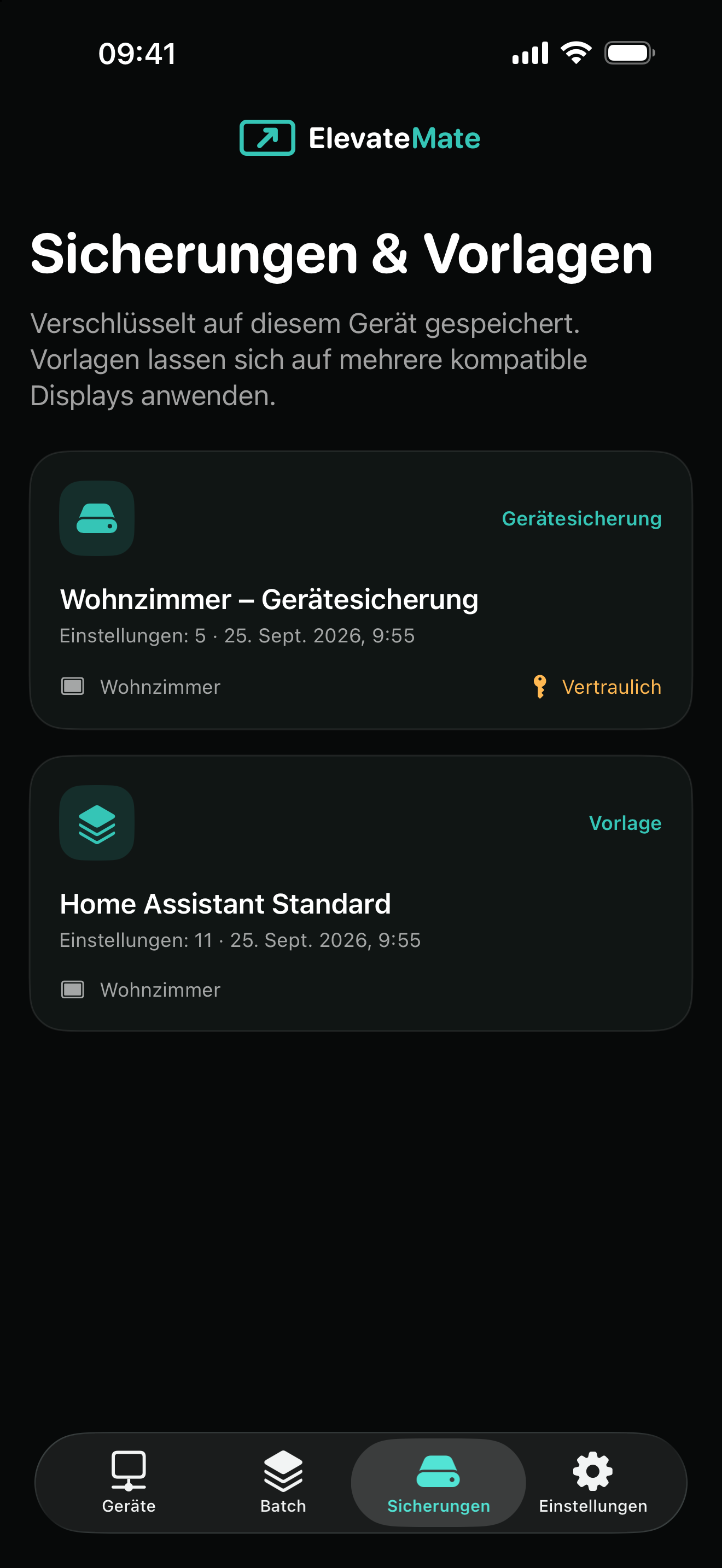 ElevateMate Sicherungen und Vorlagen auf dem iPhone