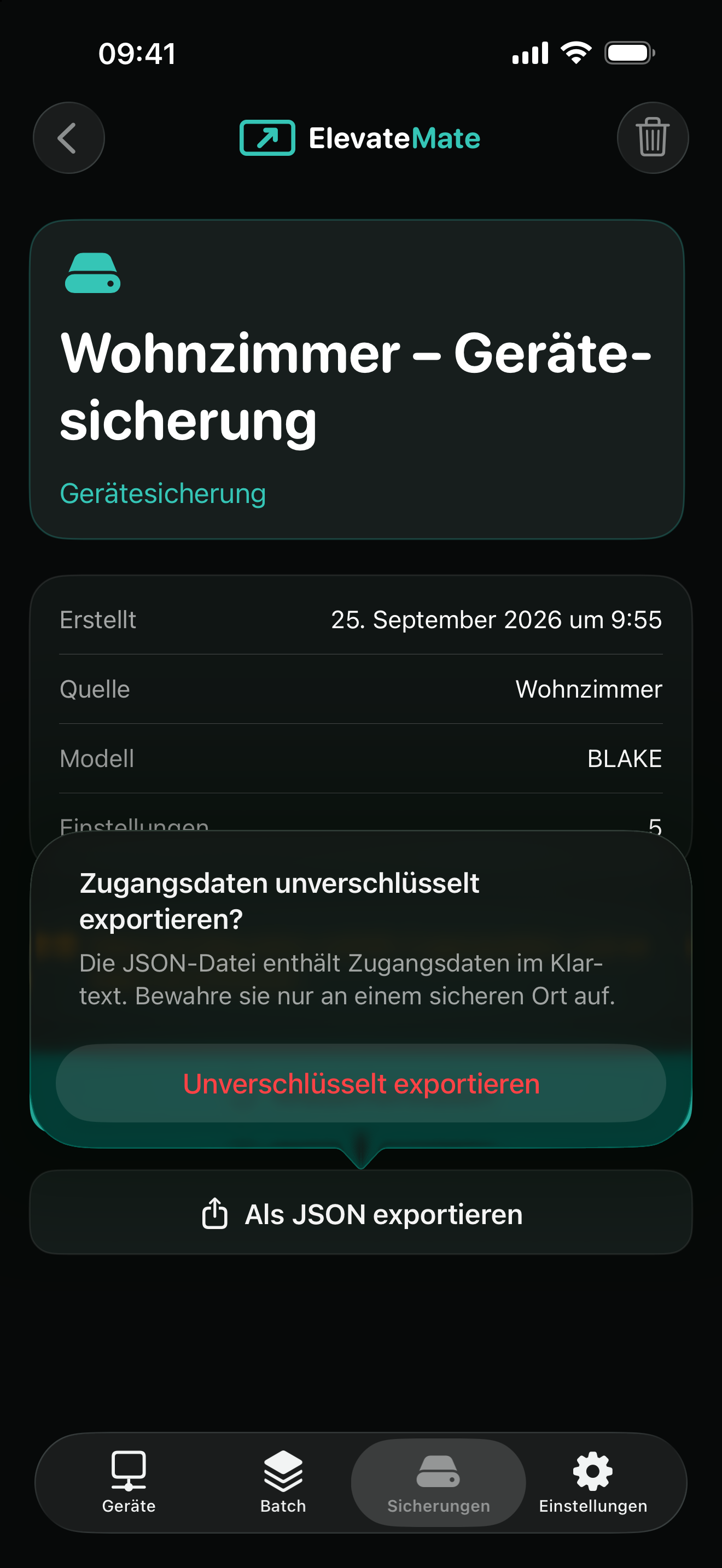 ElevateMate Klartextwarnung vor dem Export von Zugangsdaten auf dem iPhone