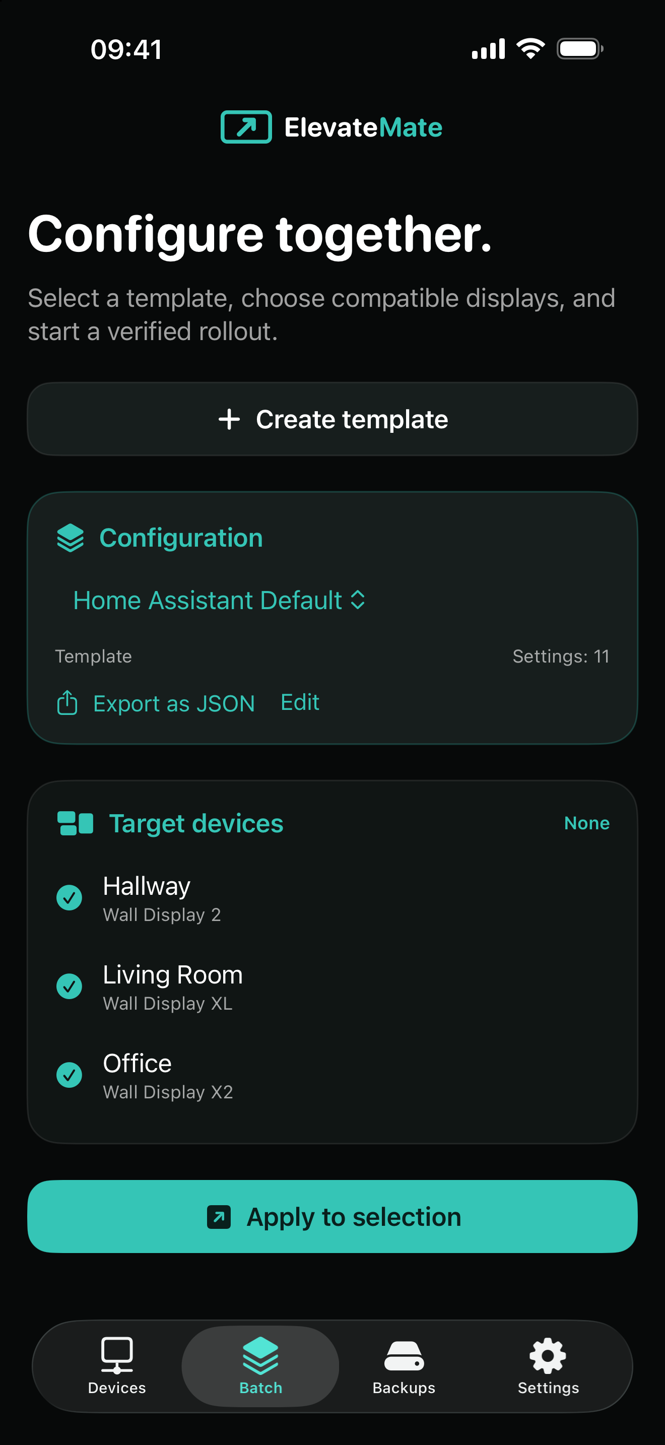 ElevateMate batch configuration on iPhone with three targets