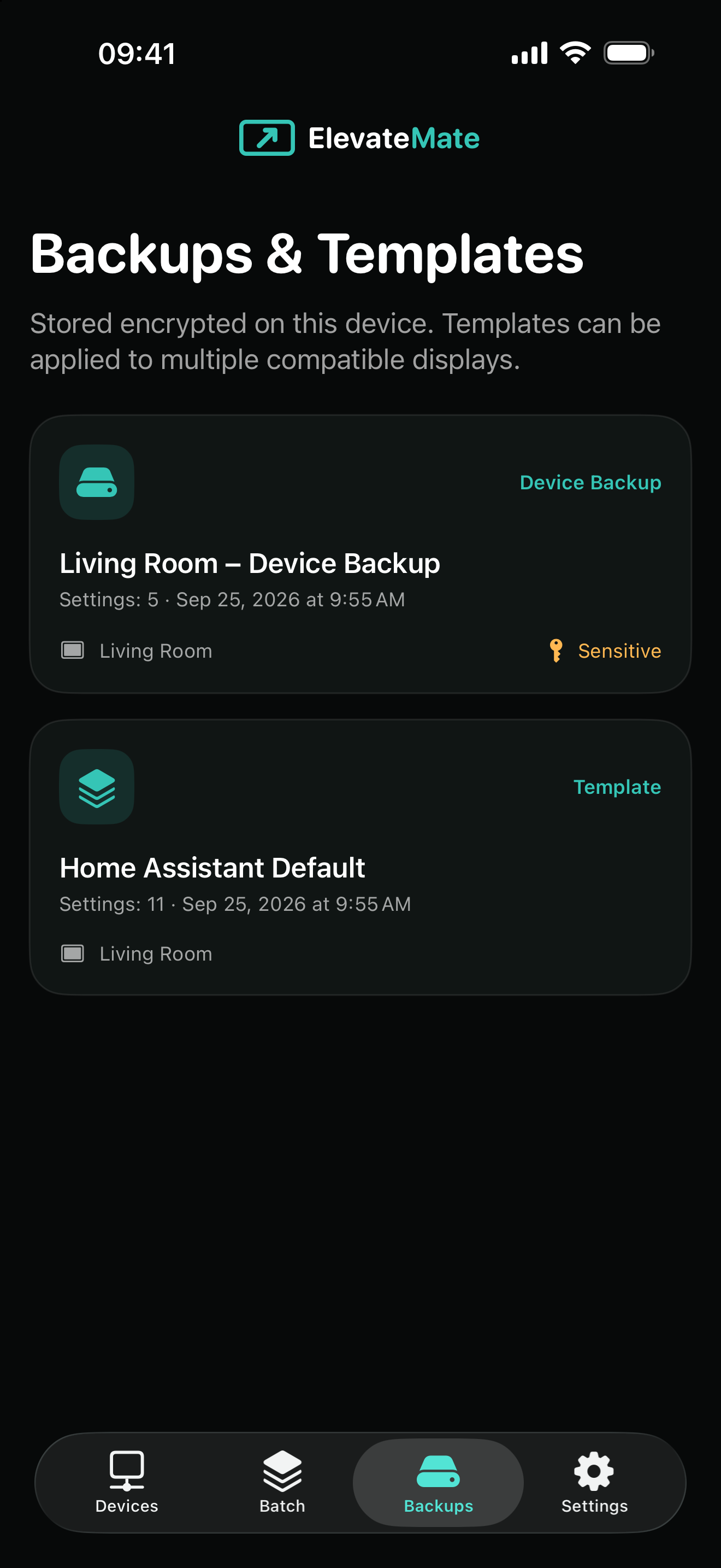 ElevateMate backups and templates on iPhone