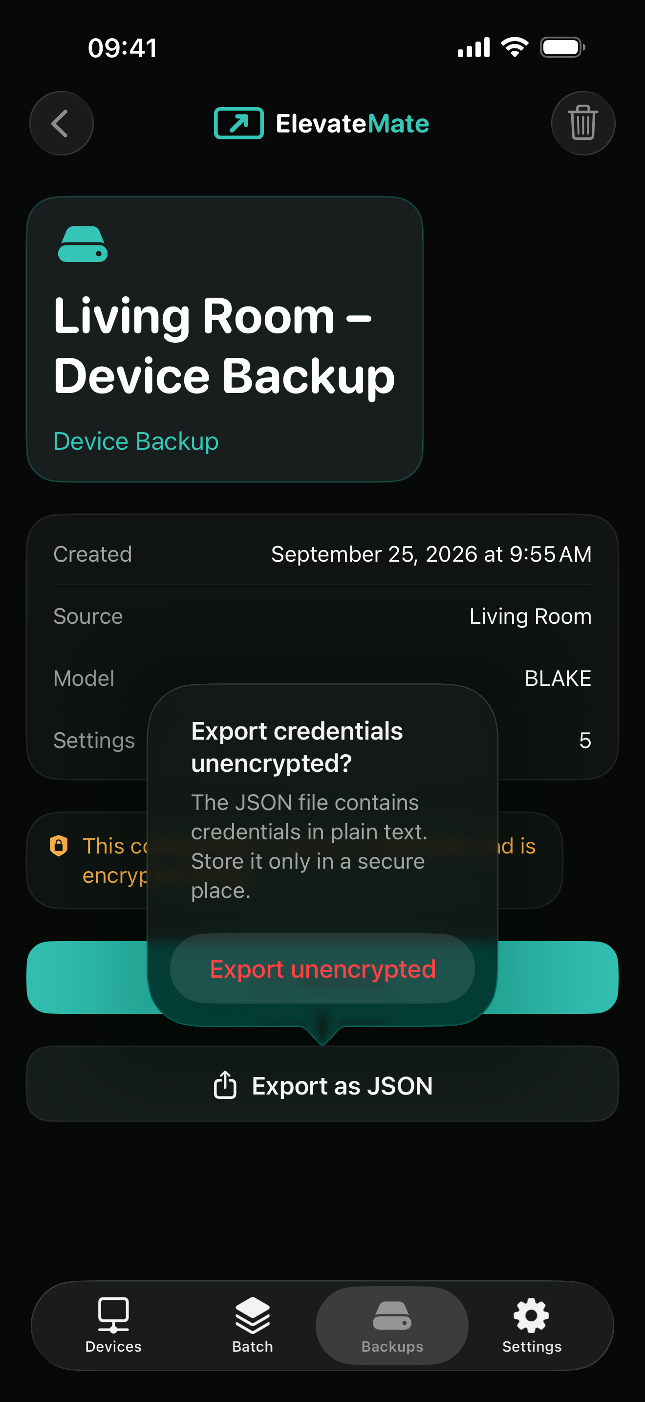 ElevateMate plain-text credential export warning on iPhone