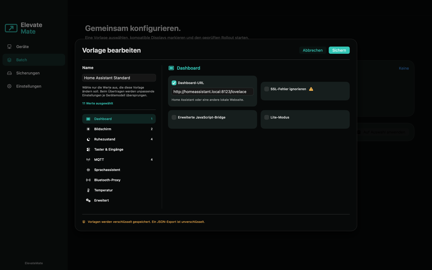 ElevateMate Vorlageneditor auf dem Mac mit unterstützten Einstellungen