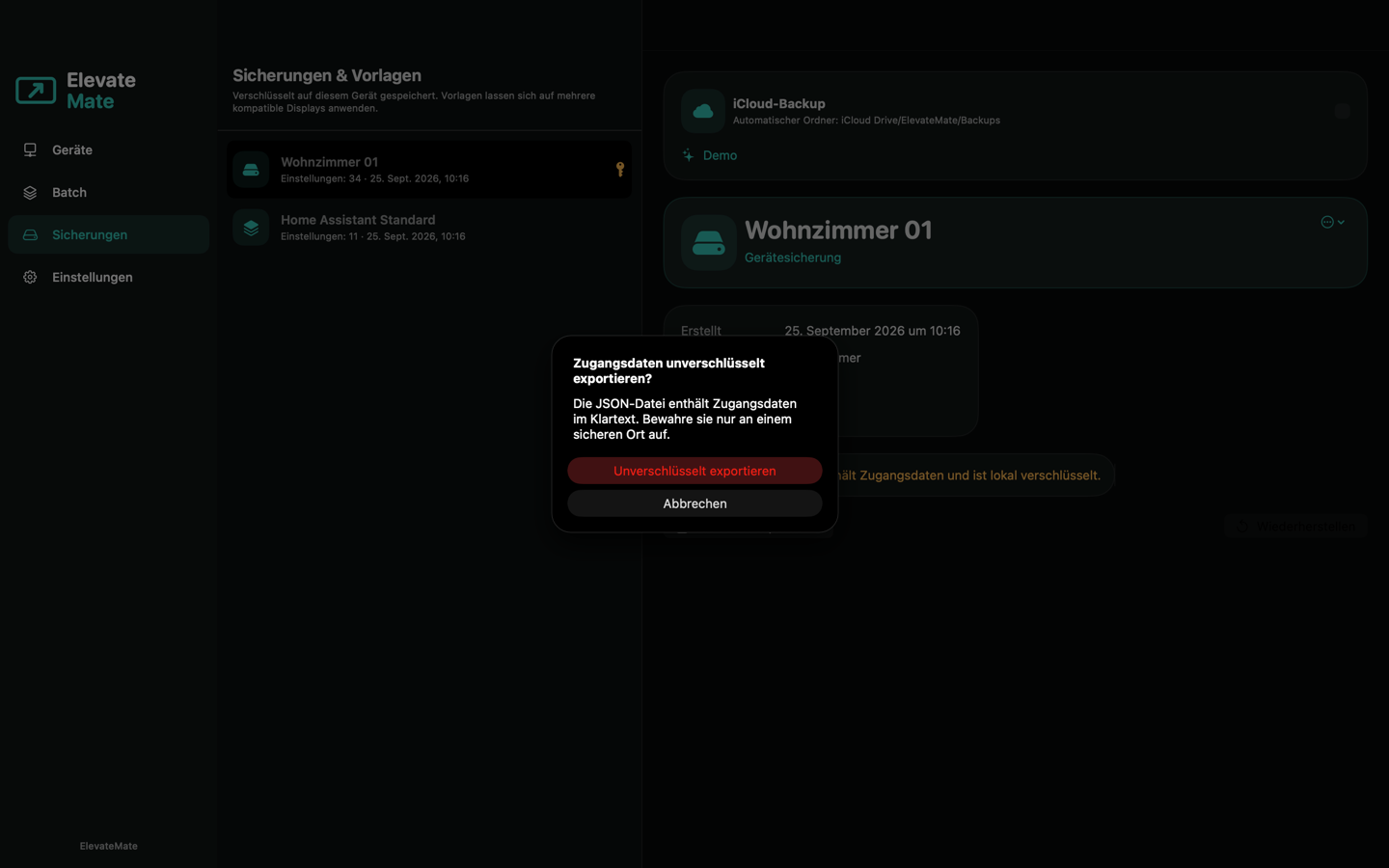 ElevateMate Warnung vor einem JSON-Export mit Zugangsdaten im Klartext