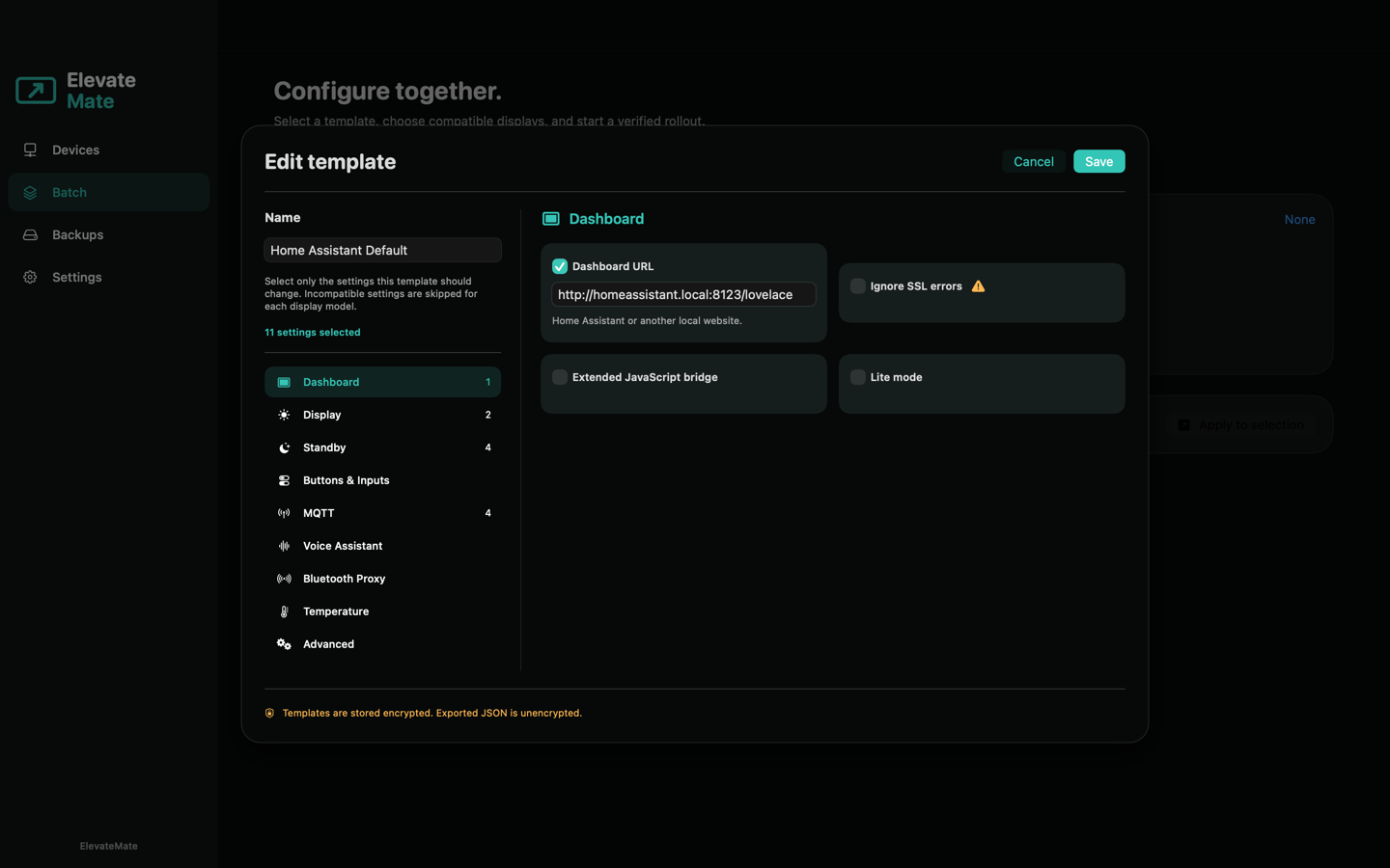 ElevateMate template editor on Mac with supported settings