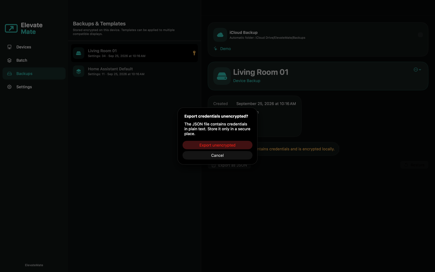 ElevateMate warning before credentials are exported as plain-text JSON