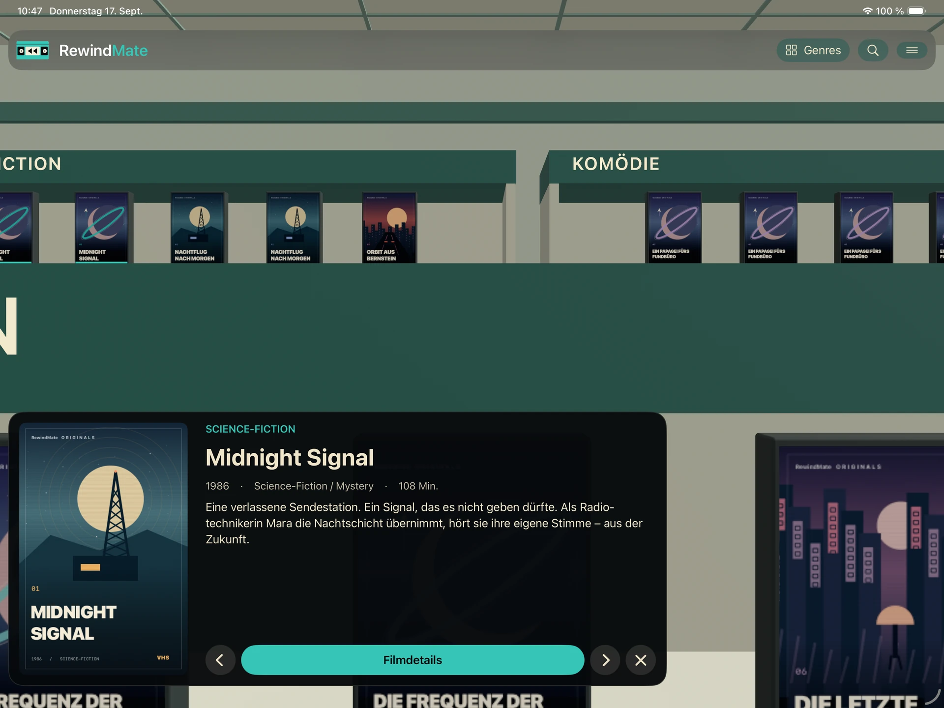 RewindMate auf iPad: Midnight Signal als ausgewählter Film im Regal der Demo-Videothek
