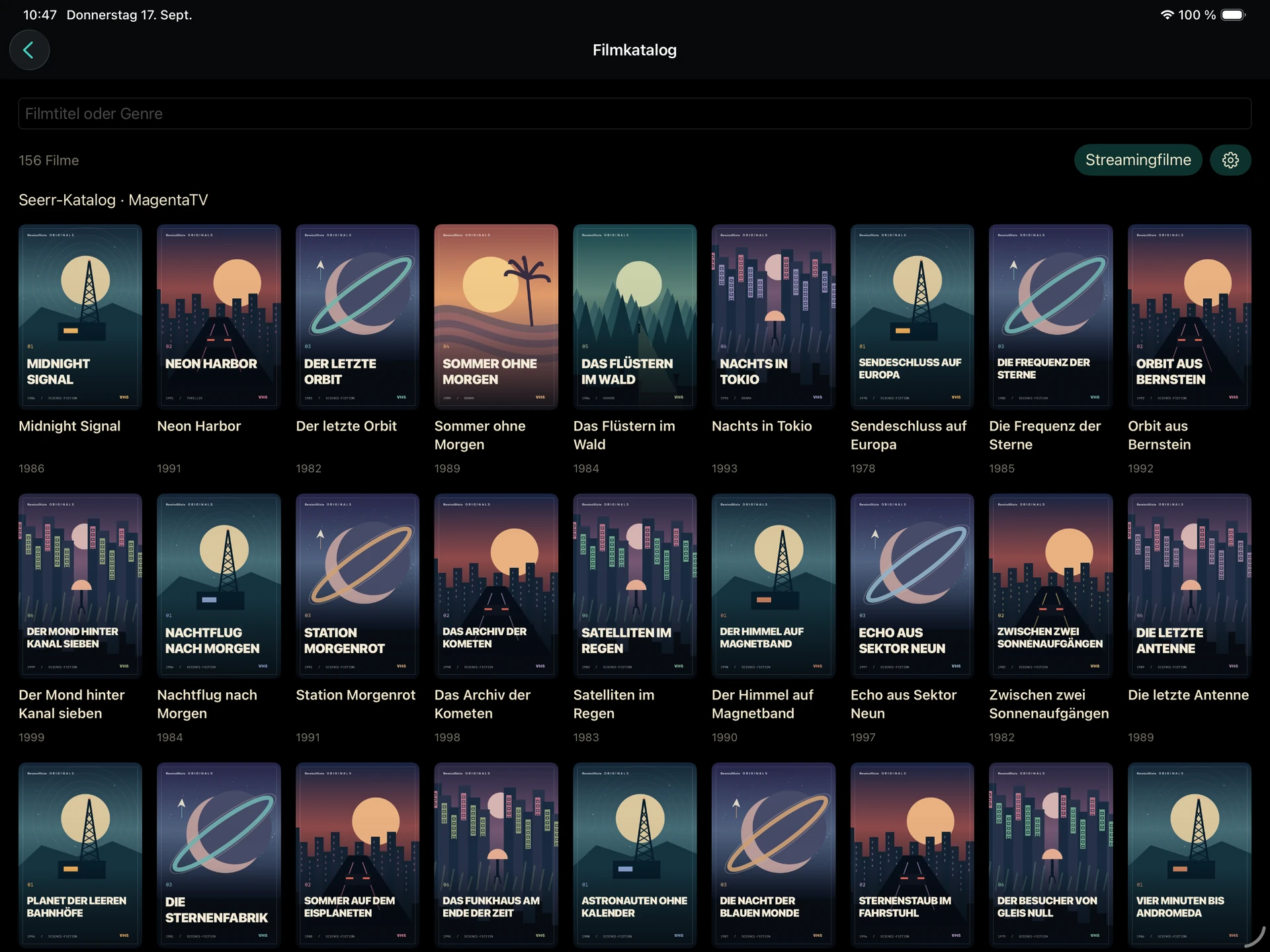 RewindMate auf iPad: Filmkatalog und Suche mit fiktiven Demo-Covern