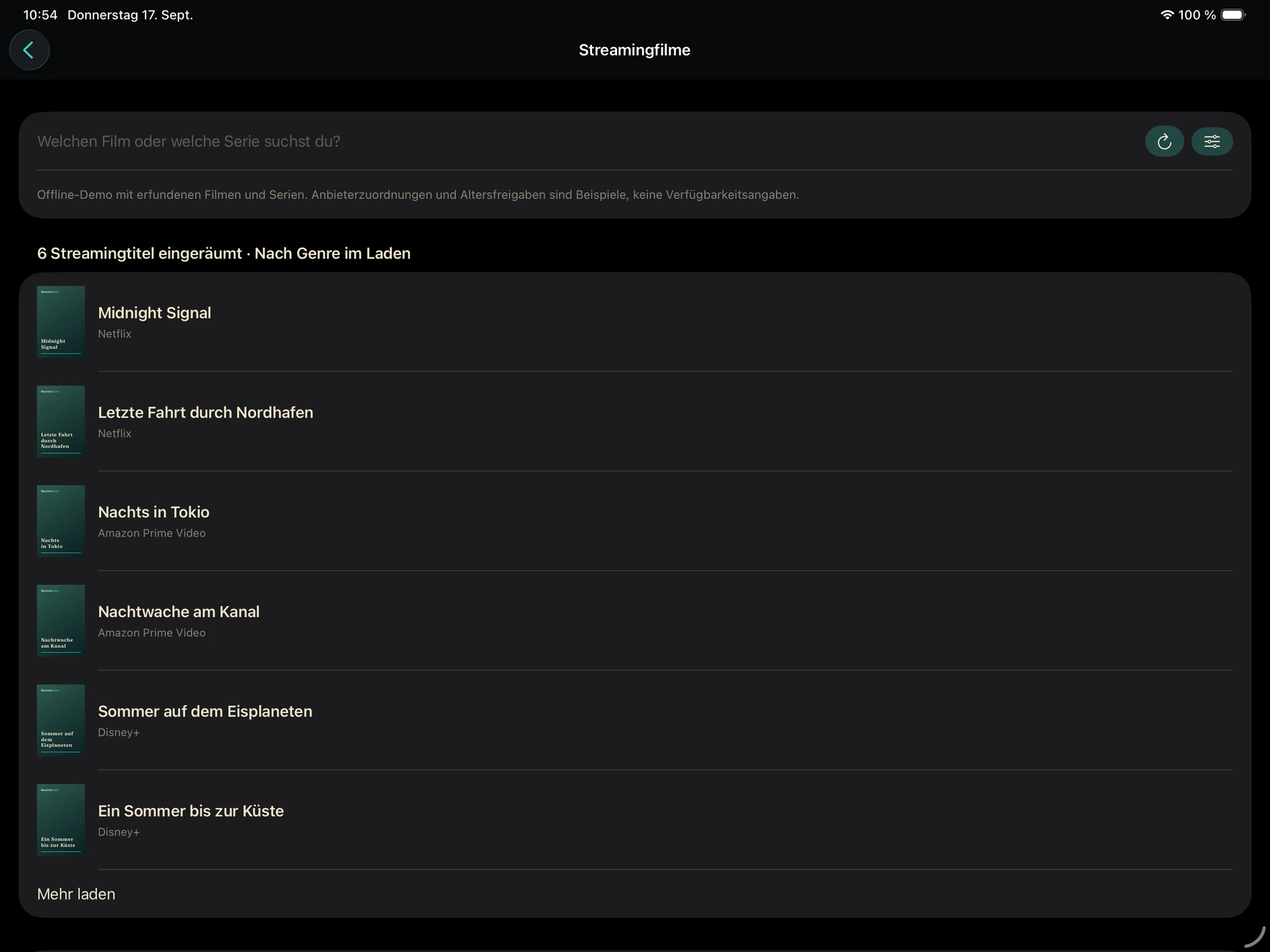 RewindMate auf iPad: Streamingkatalog mit ausdrücklich fiktiven Beispielen