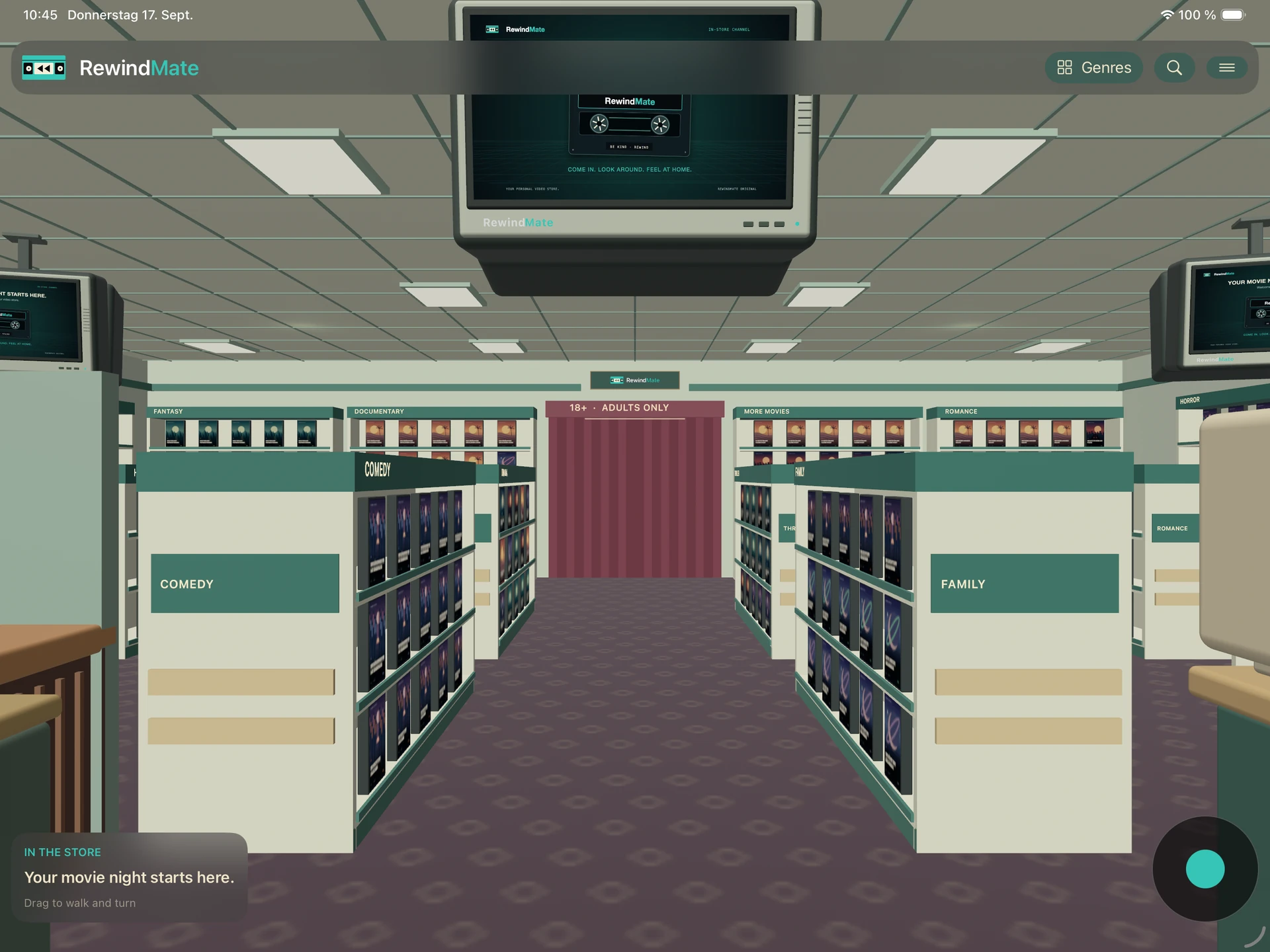 RewindMate on iPad: the walkable video store with shelves of fictional demo movies