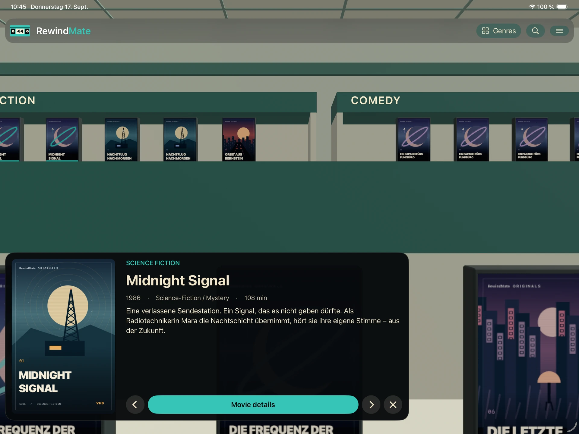 RewindMate on iPad: Midnight Signal selected on a shelf in the demo video store