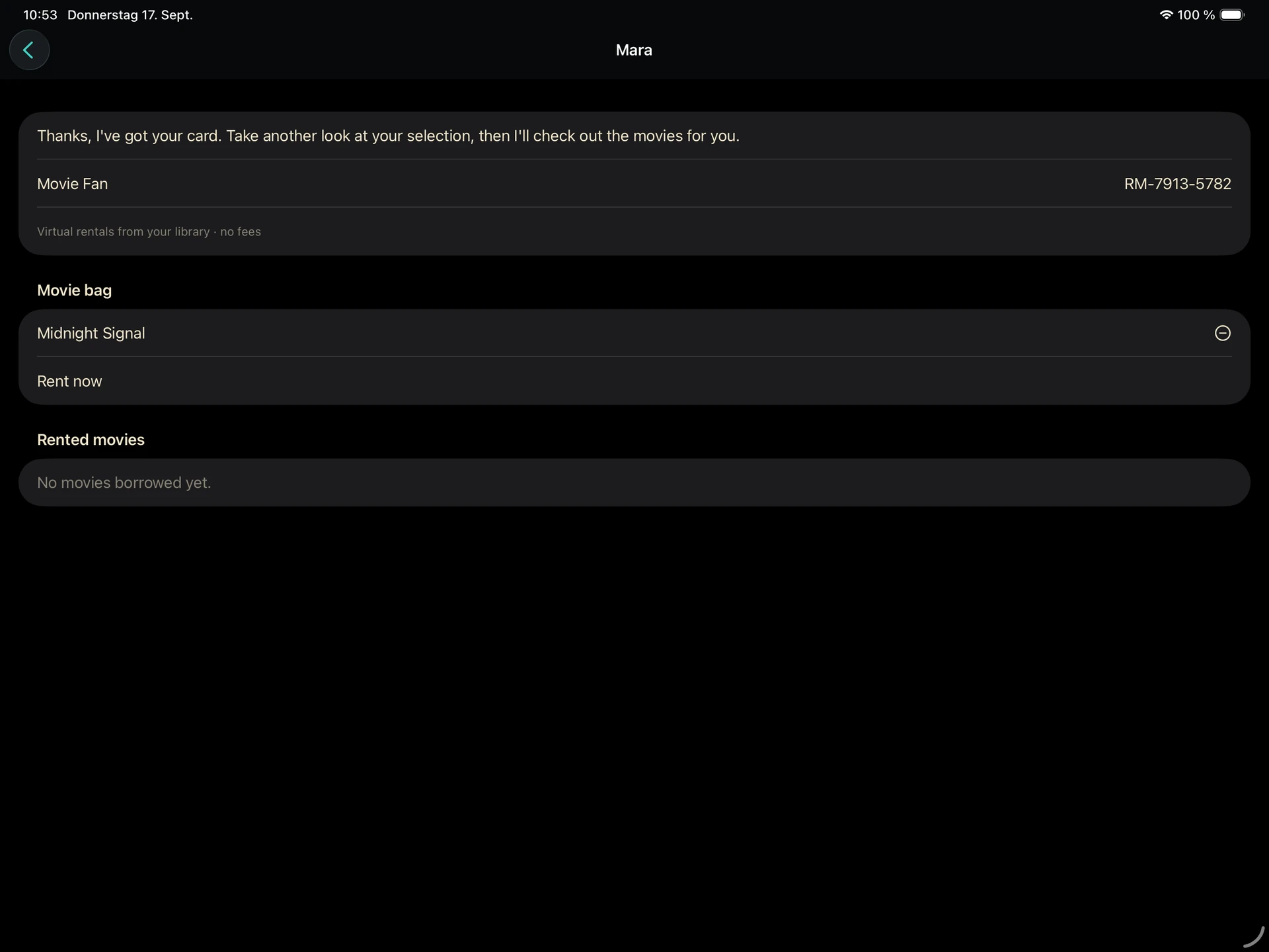 RewindMate on iPad: virtual membership and checkout of a demo movie