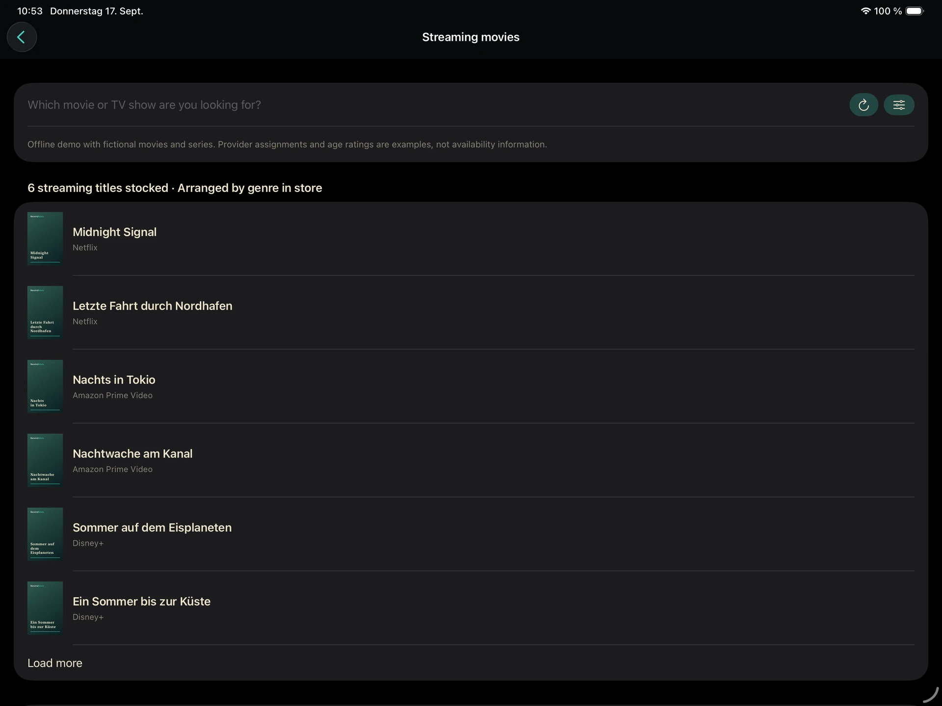 RewindMate on iPad: streaming catalog with clearly labelled fictional examples