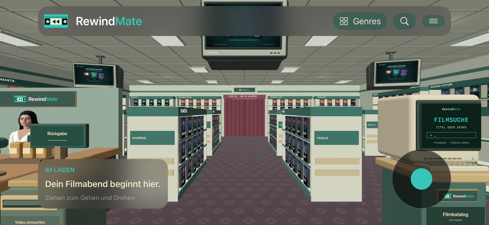 RewindMate auf iPhone: begehbare Videothek mit Regalen voller fiktiver Demofilme