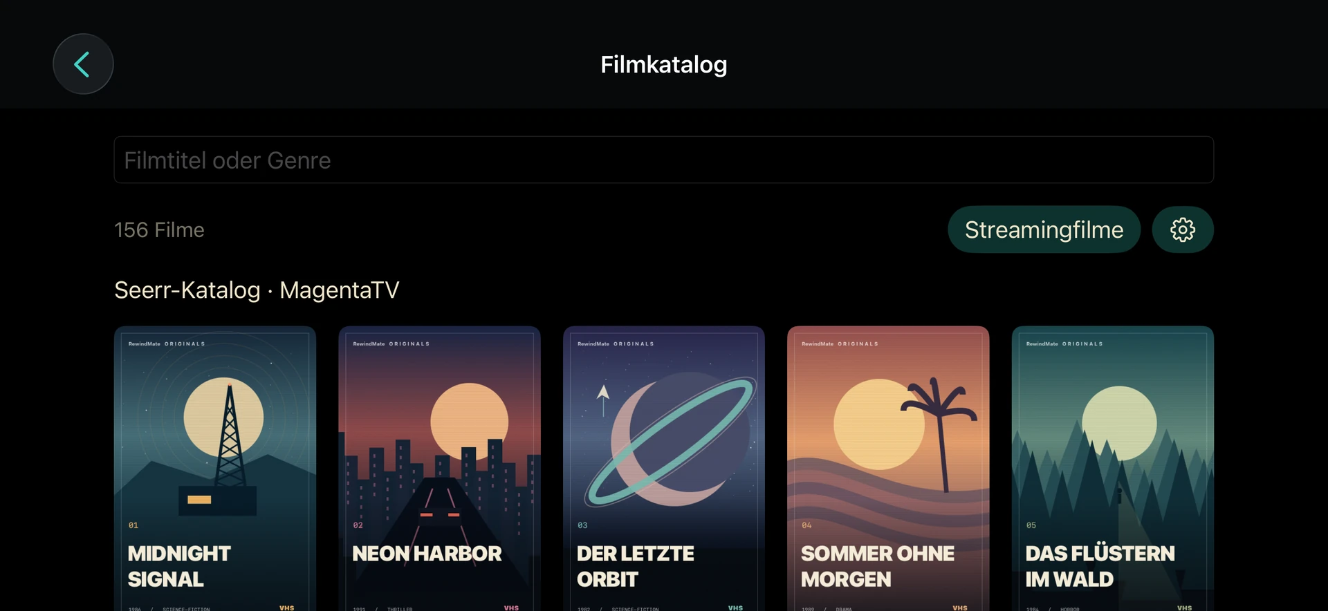 RewindMate auf iPhone: Filmkatalog und Suche mit fiktiven Demo-Covern