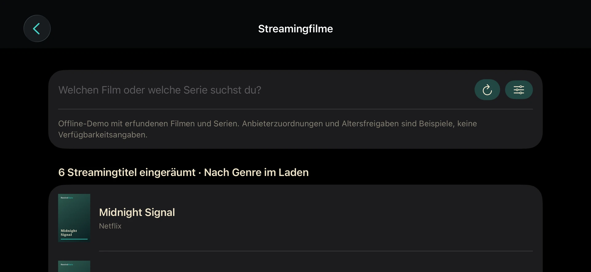 RewindMate auf iPhone: Streamingkatalog mit ausdrücklich fiktiven Beispielen