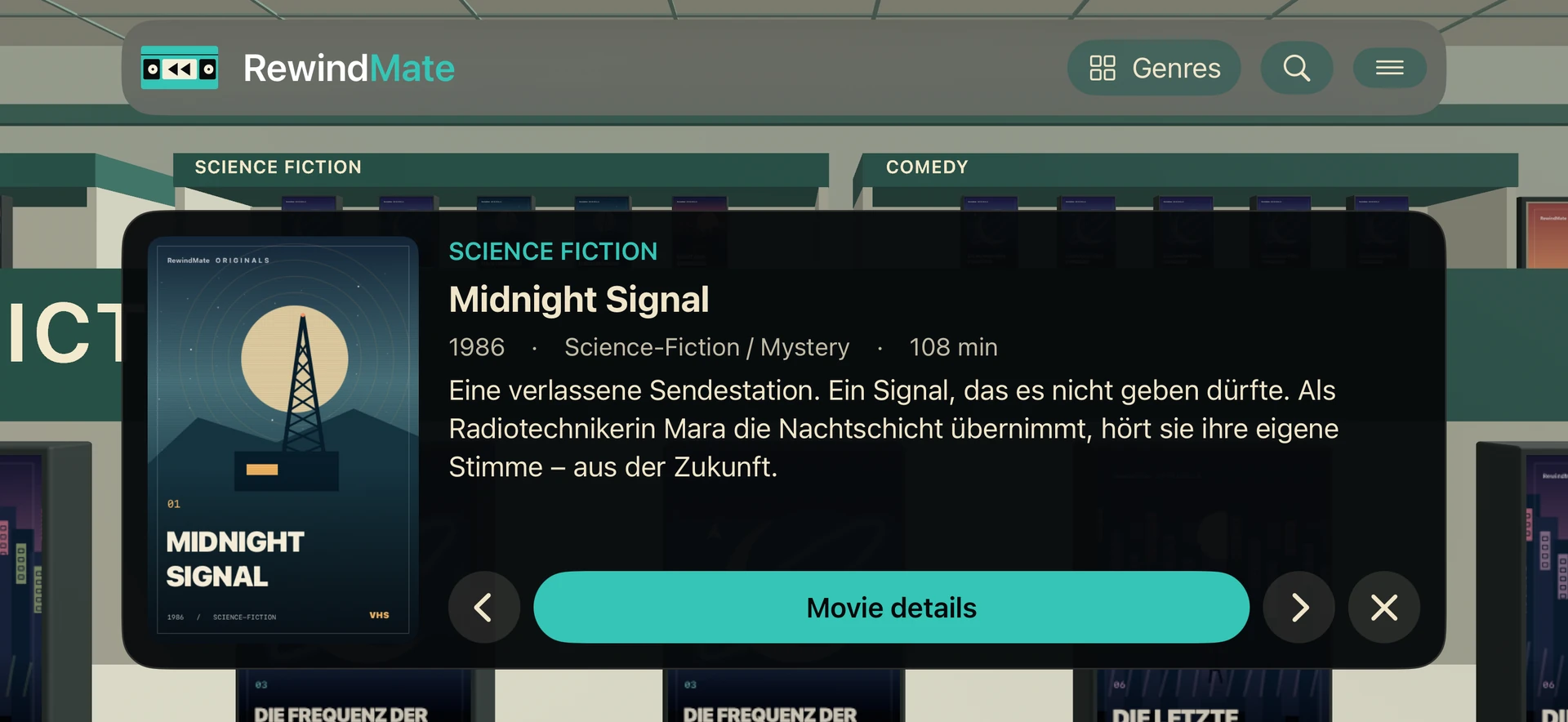 RewindMate on iPhone: Midnight Signal selected on a shelf in the demo video store