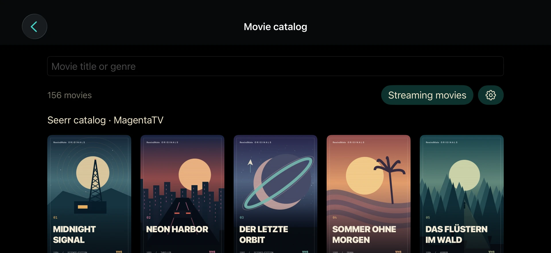 RewindMate on iPhone: movie catalog and search with fictional demo covers