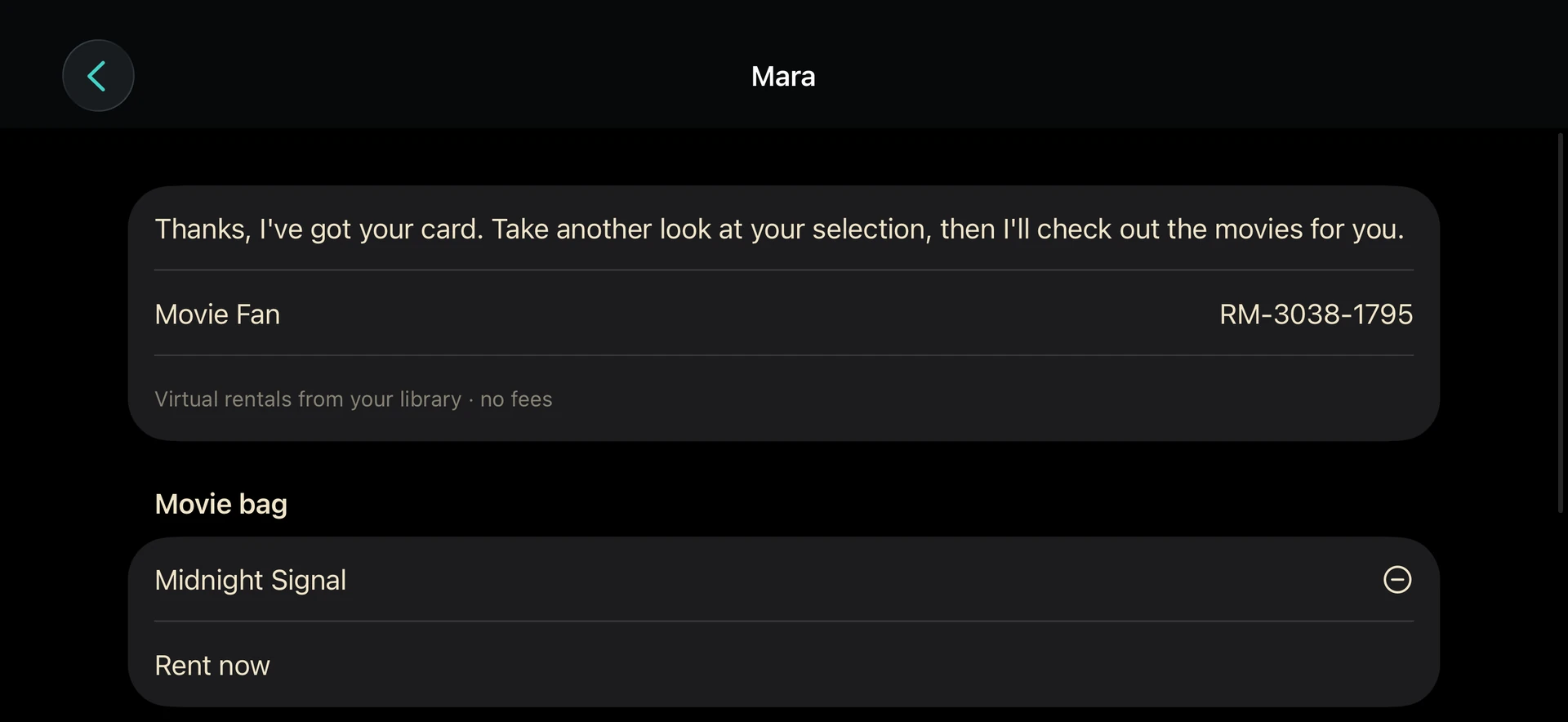 RewindMate on iPhone: virtual membership and checkout of a demo movie