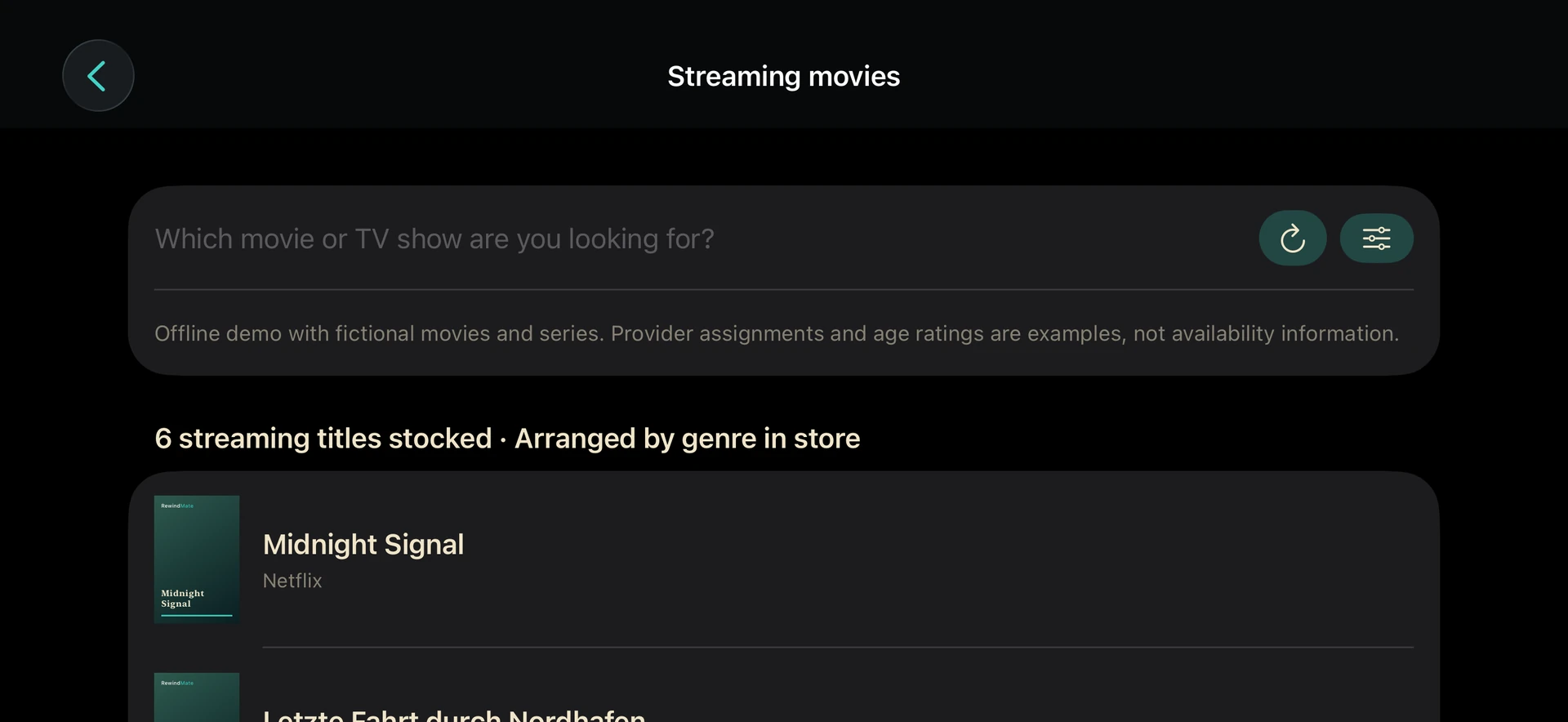 RewindMate on iPhone: streaming catalog with clearly labelled fictional examples