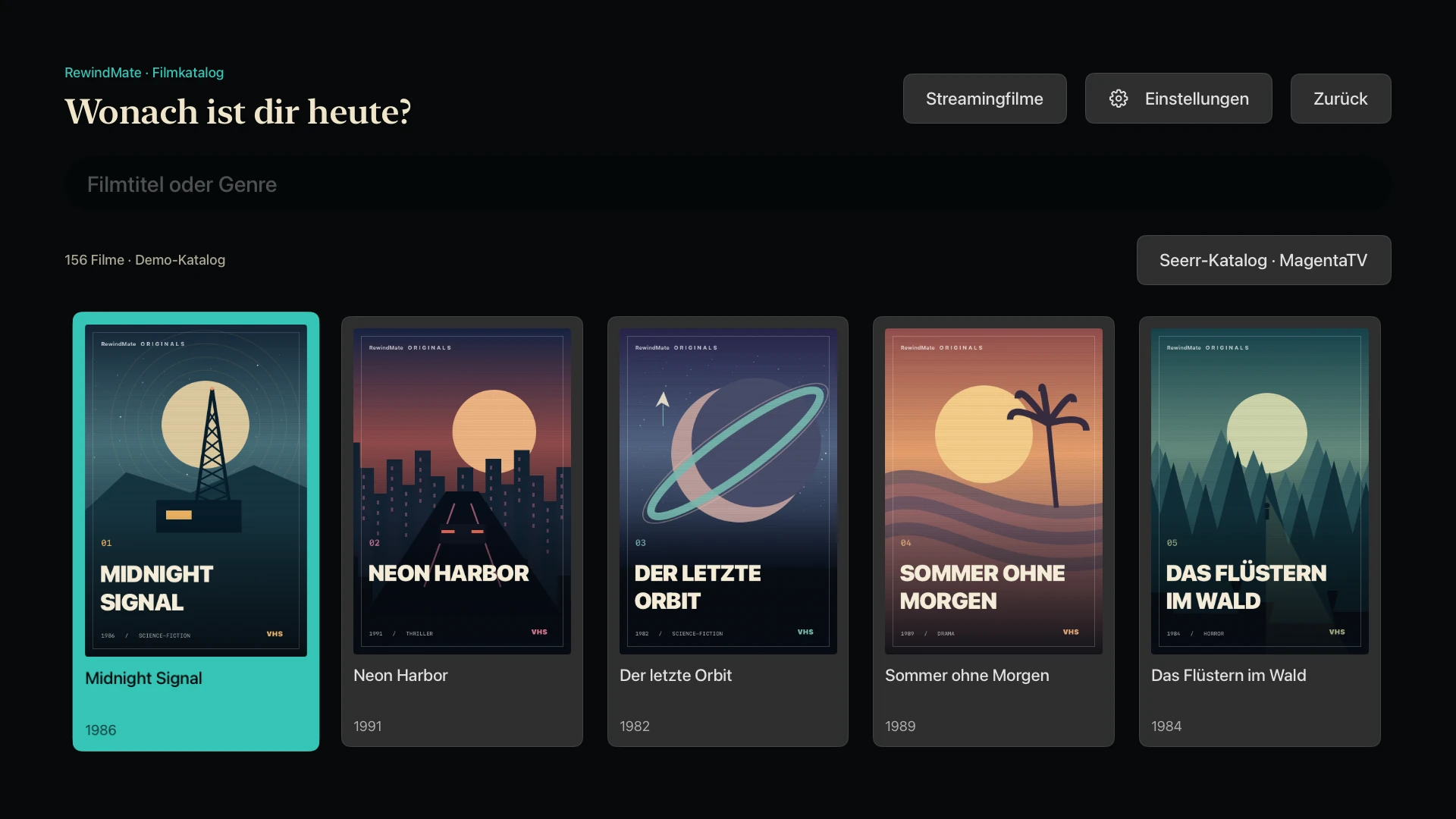RewindMate auf Apple TV: Filmkatalog und Suche mit fiktiven Demo-Covern