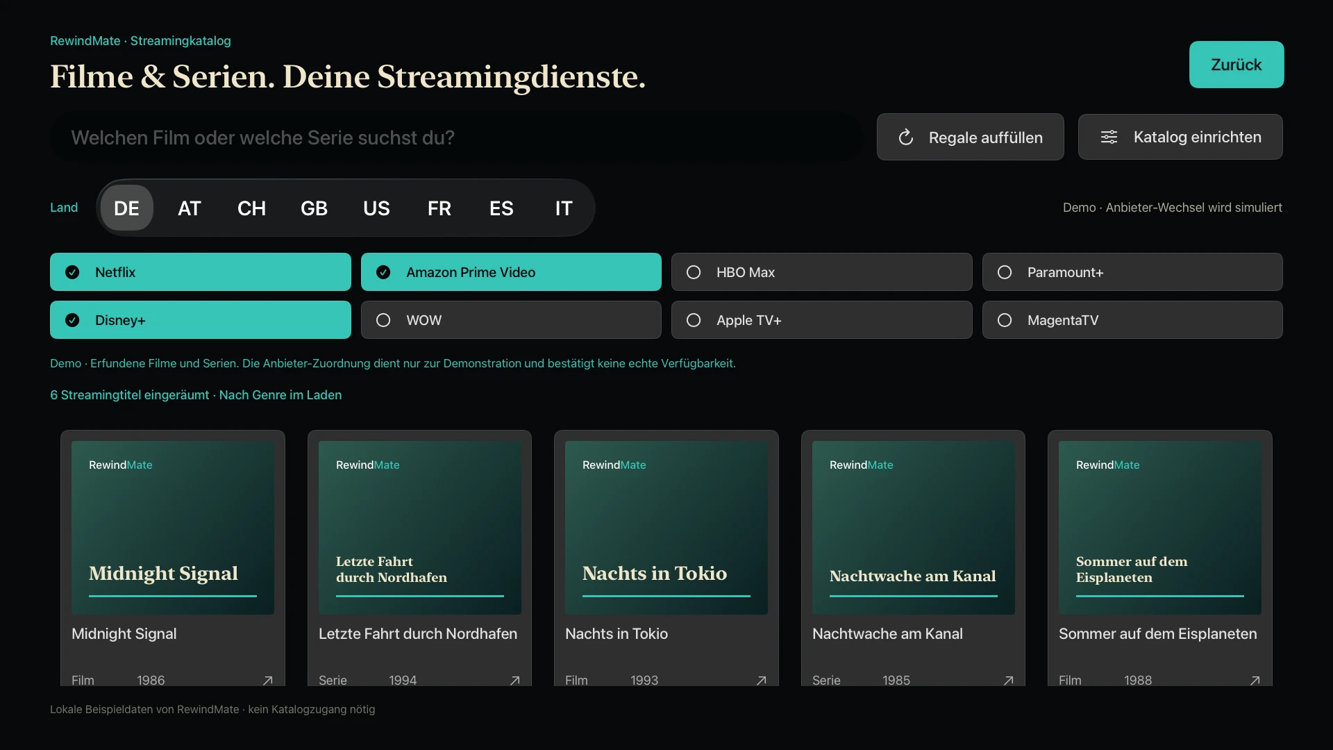 RewindMate auf Apple TV: Streamingkatalog mit ausdrücklich fiktiven Beispielen