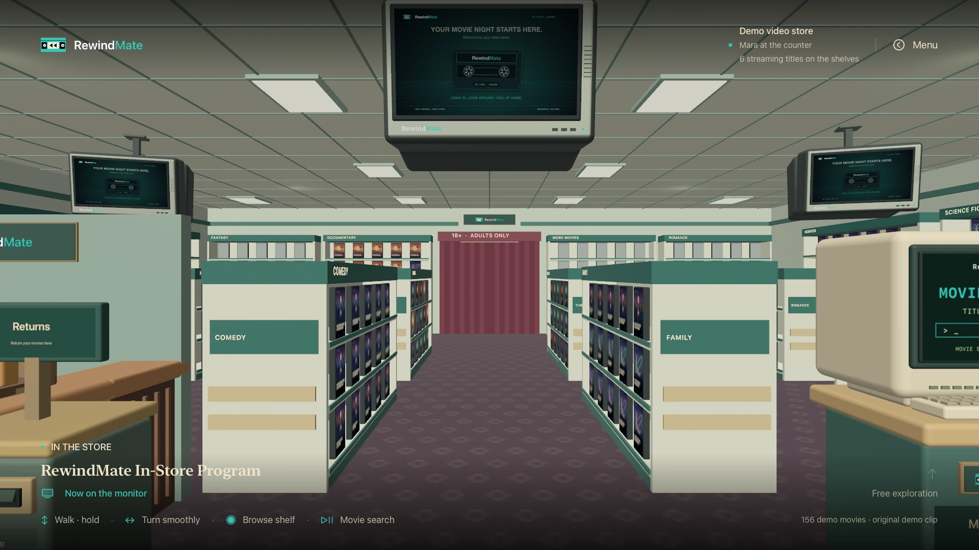 RewindMate on Apple TV: the walkable video store with shelves of fictional demo movies