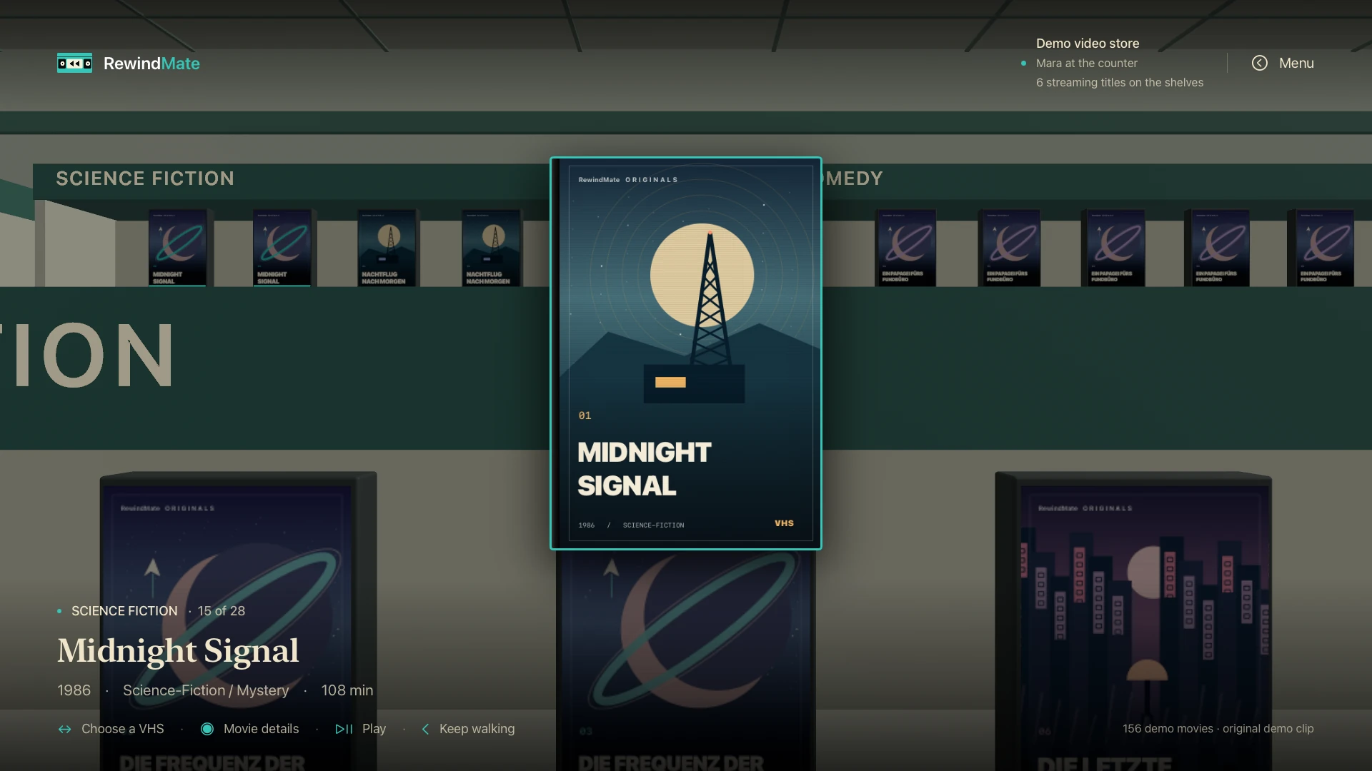 RewindMate on Apple TV: Midnight Signal selected on a shelf in the demo video store