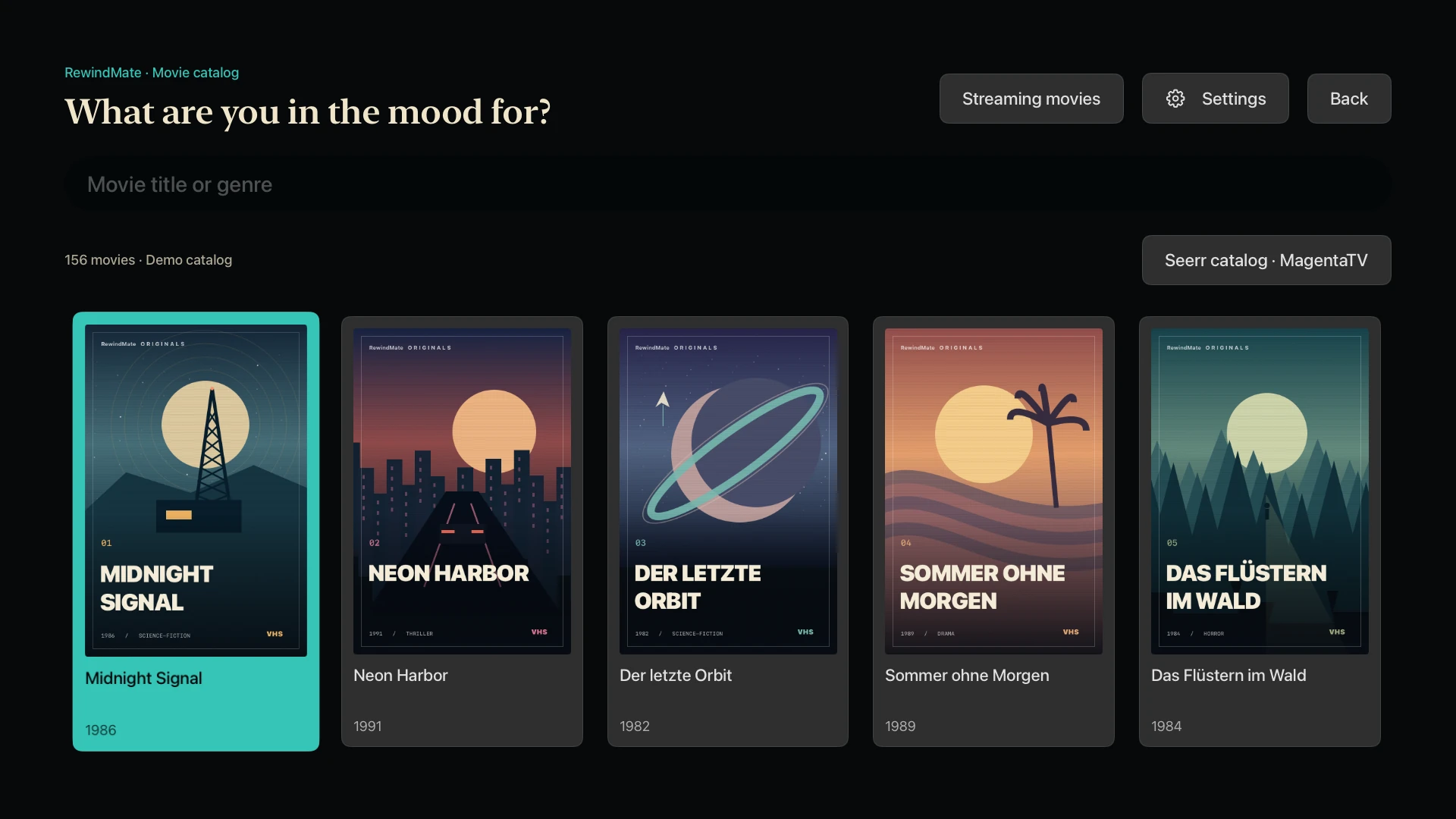 RewindMate on Apple TV: movie catalog and search with fictional demo covers