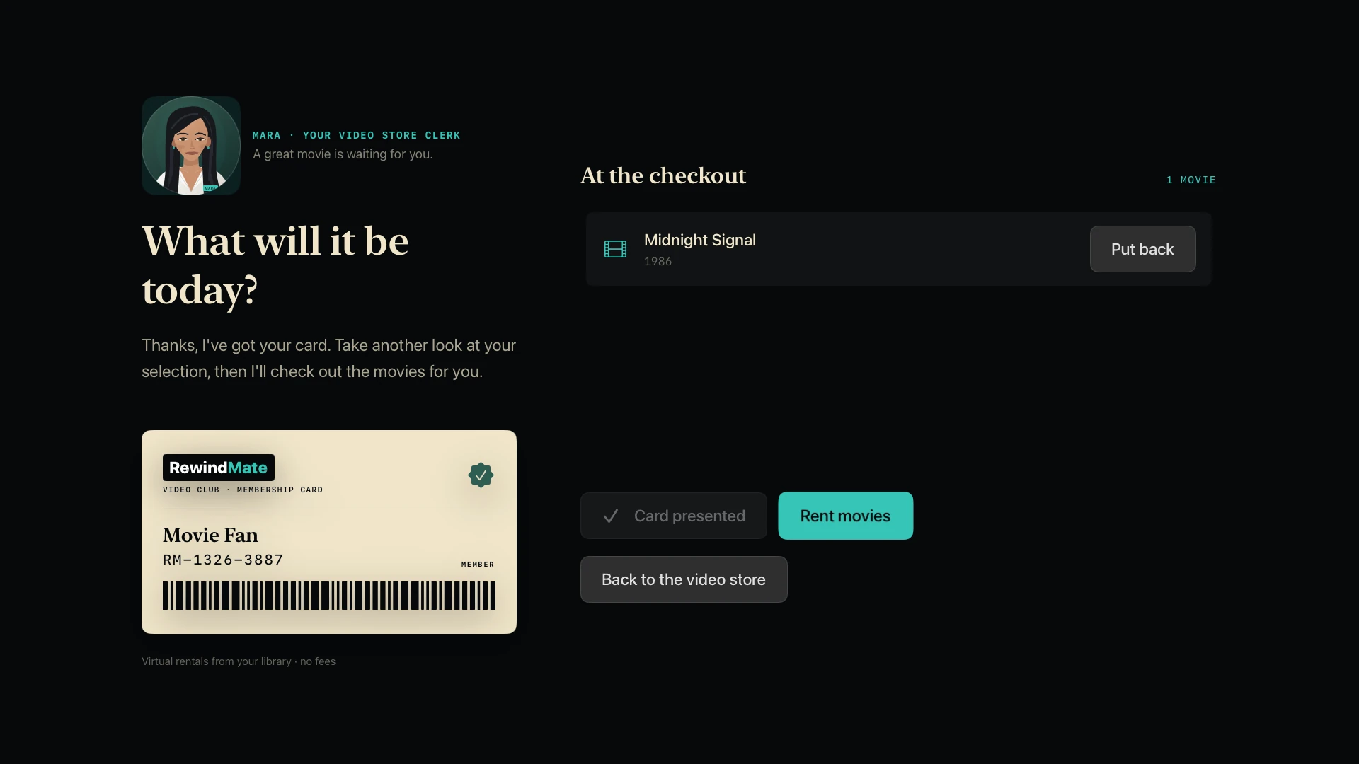 RewindMate on Apple TV: virtual membership and checkout of a demo movie
