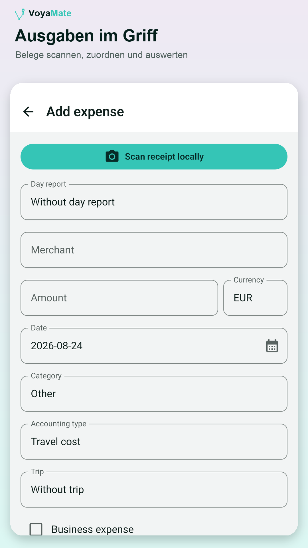 VoyaMate Reisekostenerfassung auf Android