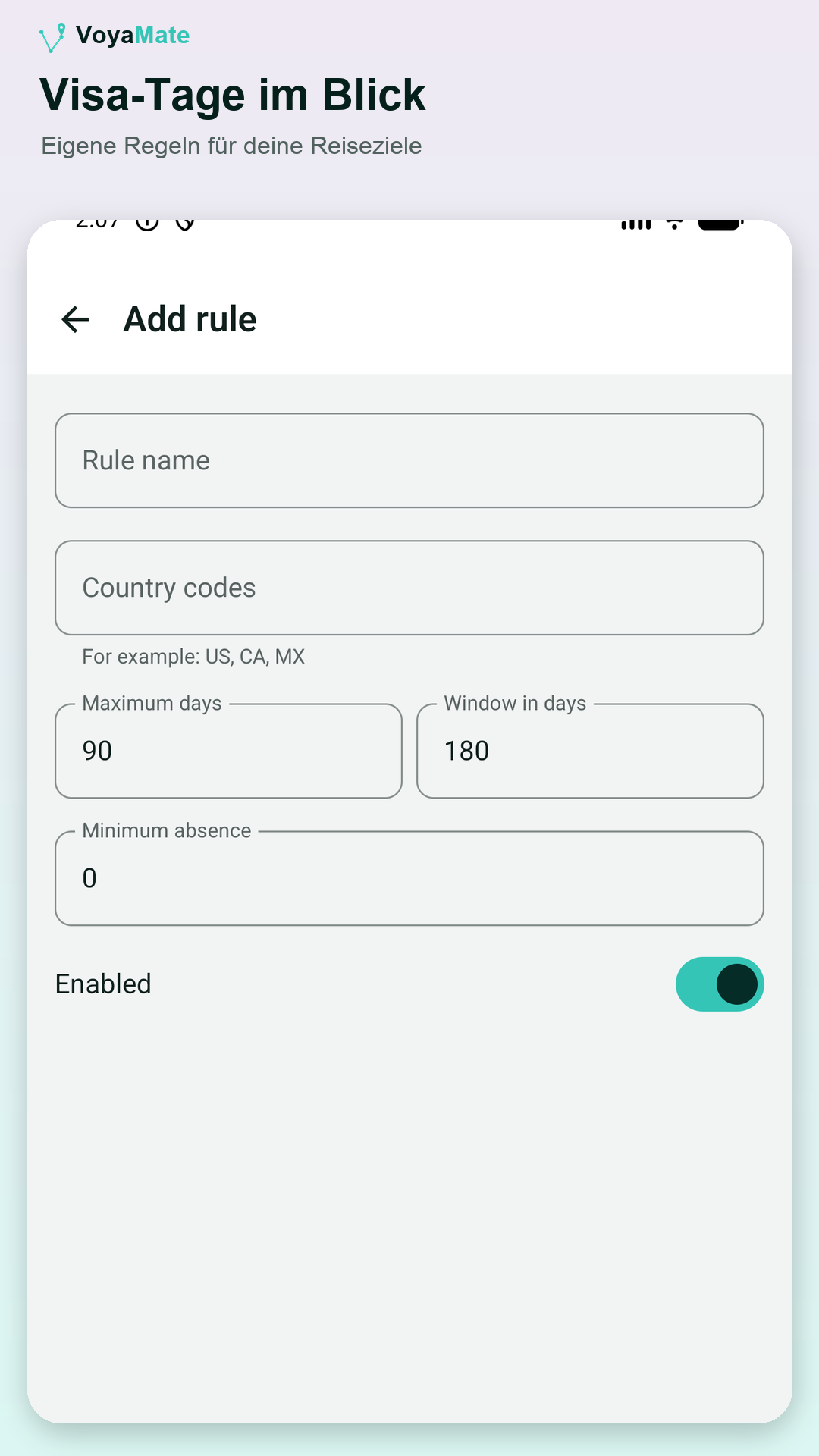 VoyaMate Visa-Regeln auf Android