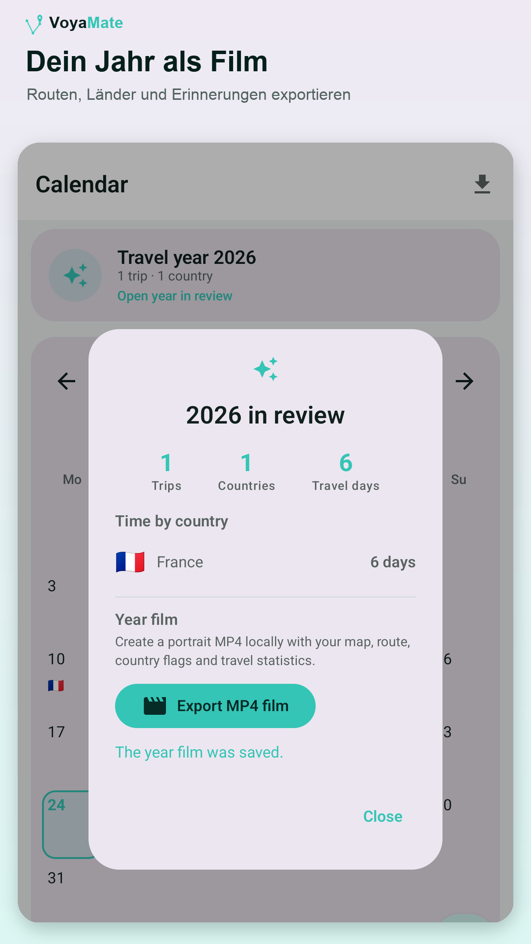 VoyaMate Jahresrückblick und Reisefilm auf Android