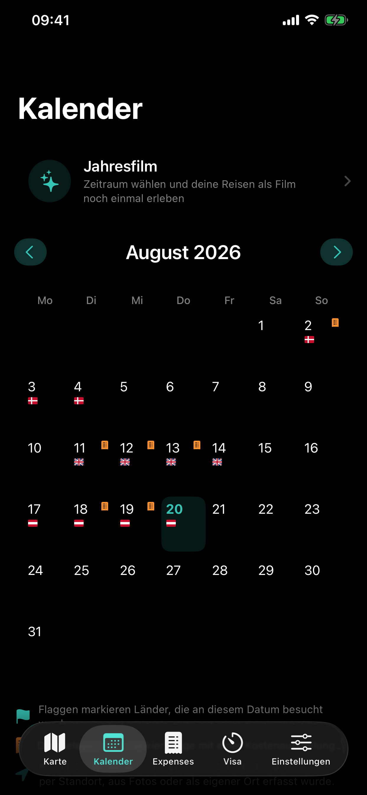 VoyaMate Reisekalender im Dark Mode