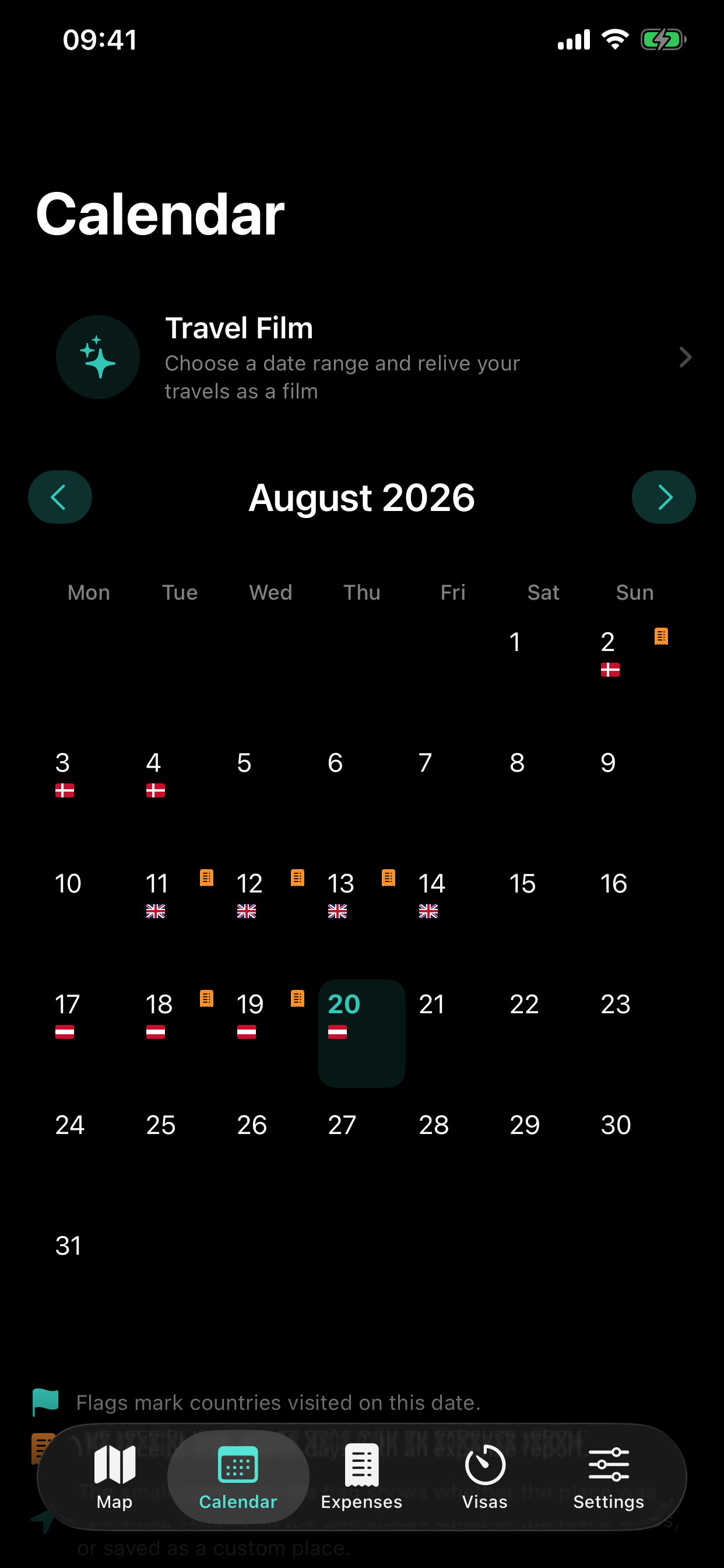 VoyaMate travel calendar in dark mode and English app language