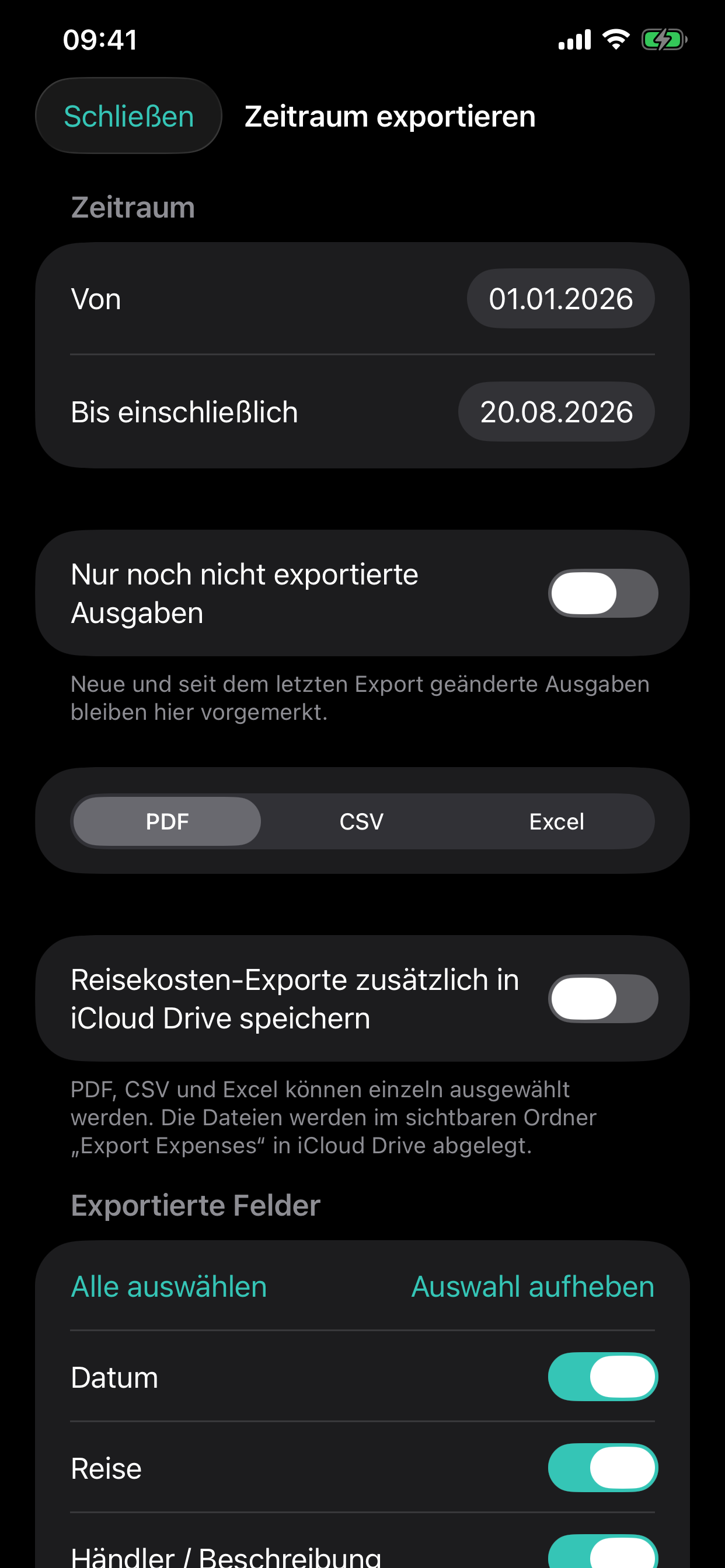 VoyaMate Auswahl für Reisekostenexporte im Dark Mode