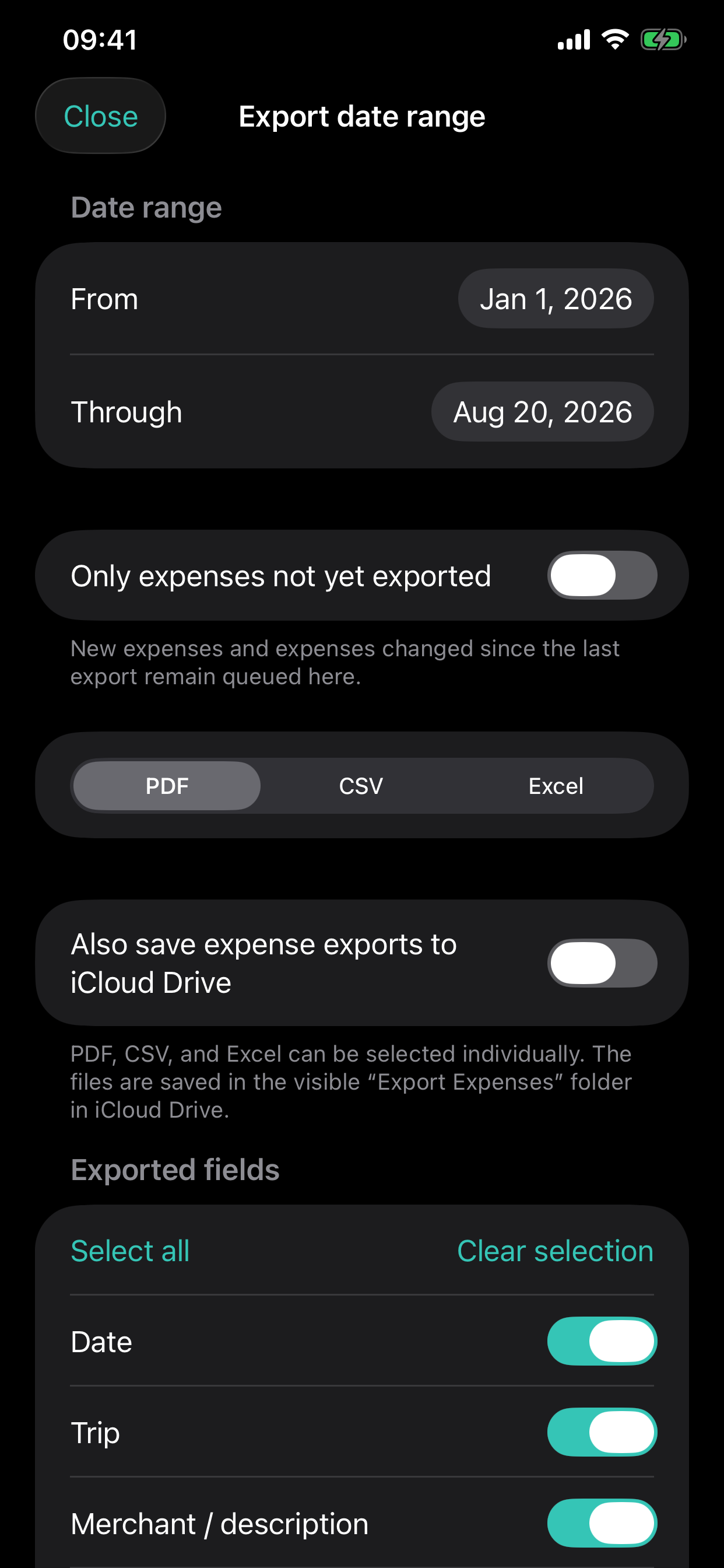 VoyaMate expense export selection in English
