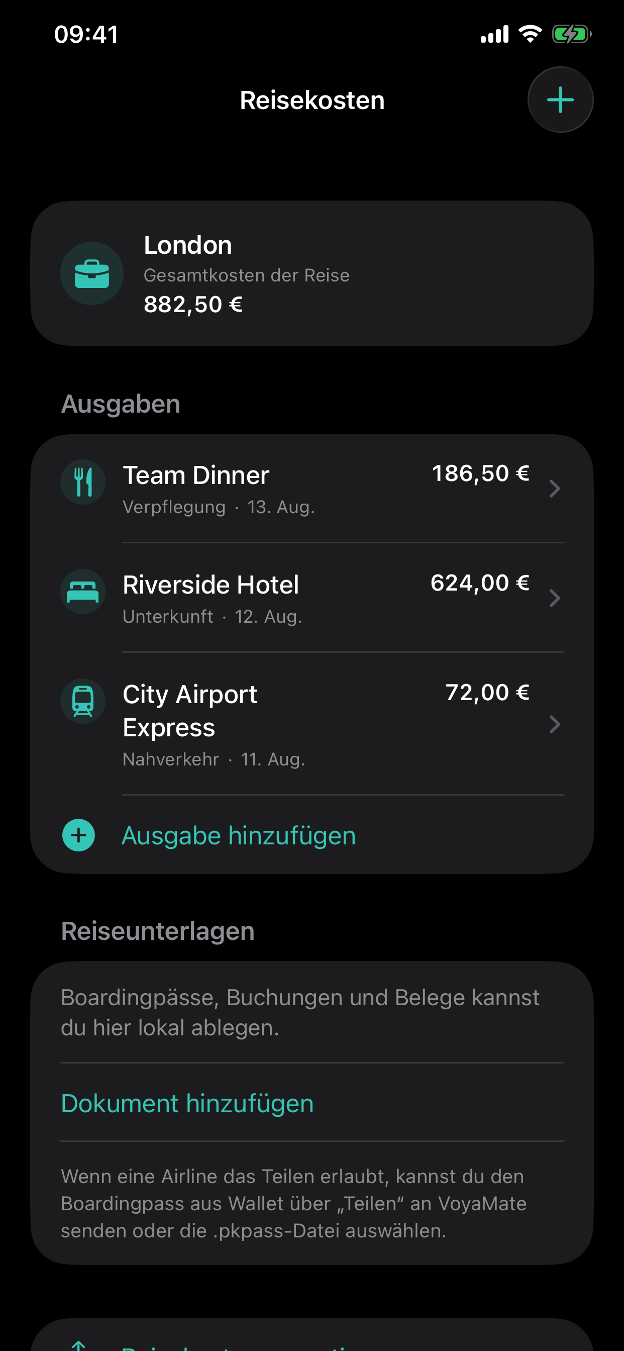Reisekostenabrechnung einer Geschäftsreise in VoyaMate im Dark Mode