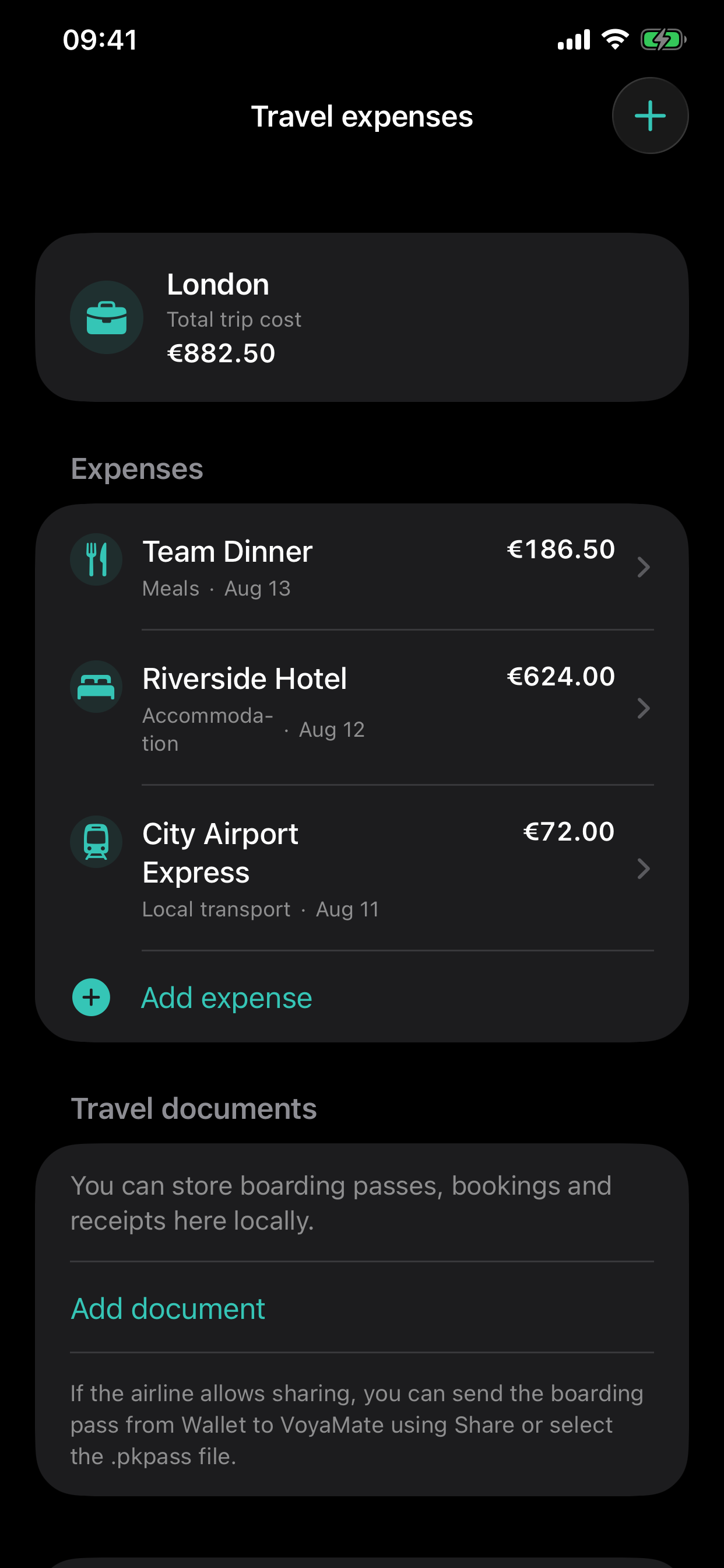 A complete business trip expense report in VoyaMate in English