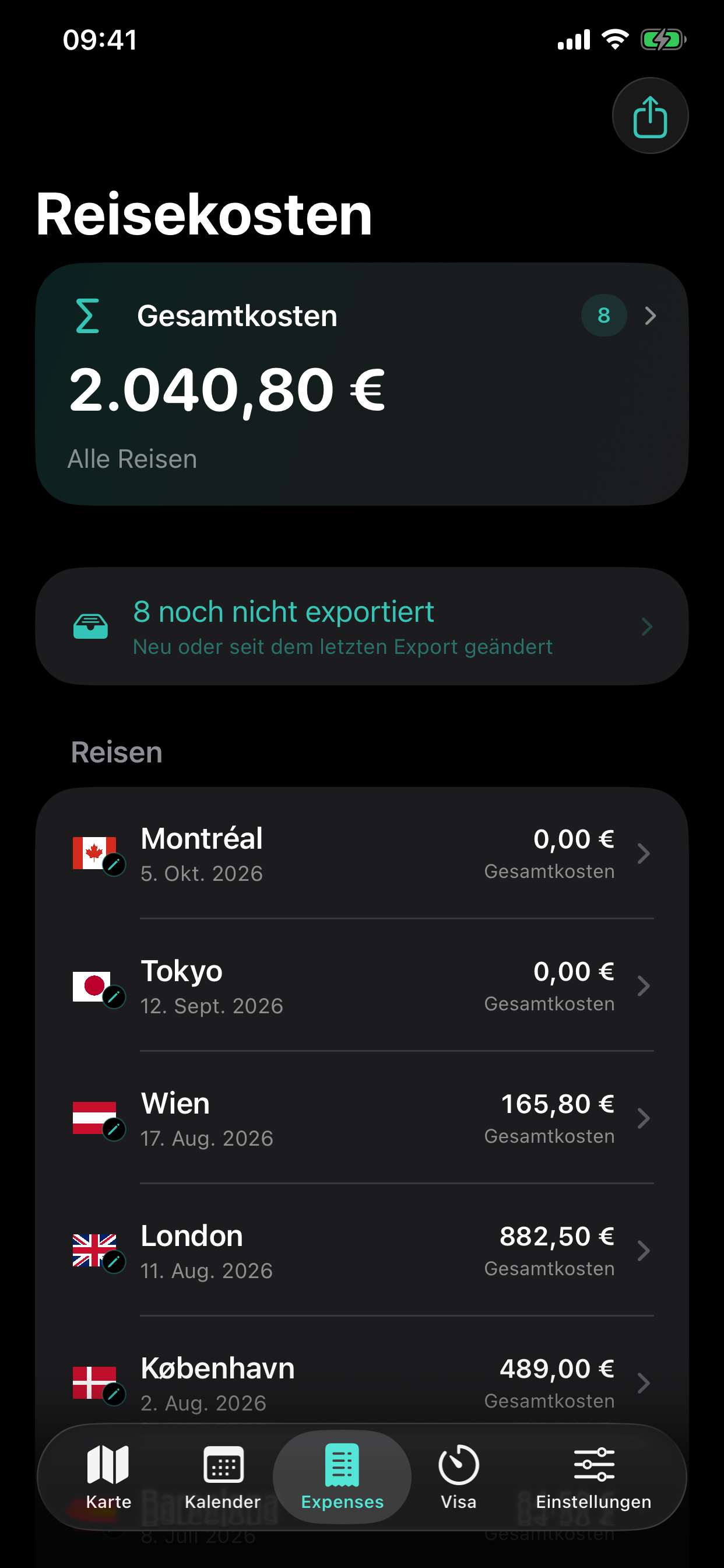 VoyaMate Reisekostenübersicht mit Ausgaben im Dark Mode