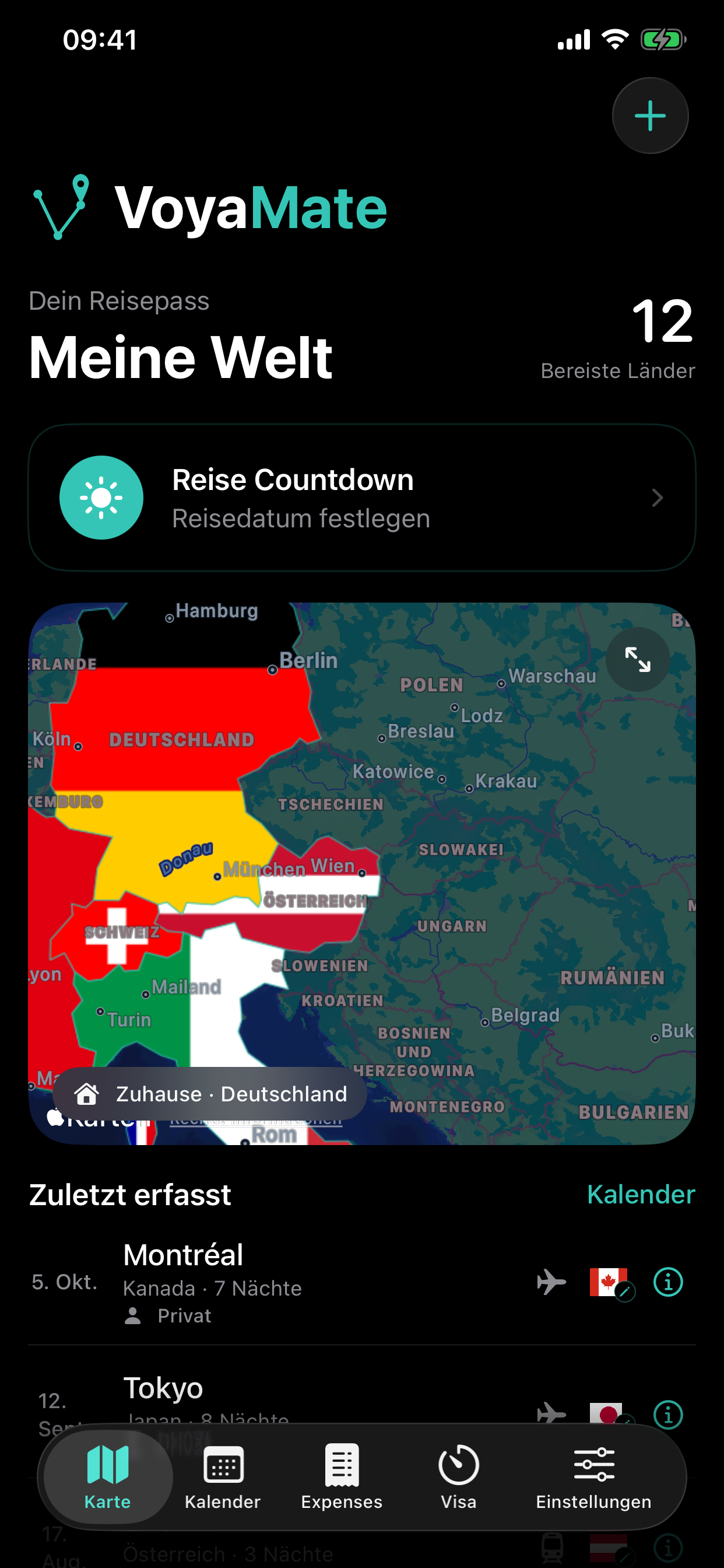 VoyaMate Weltkarte mit markierten Reisezielen im Dark Mode