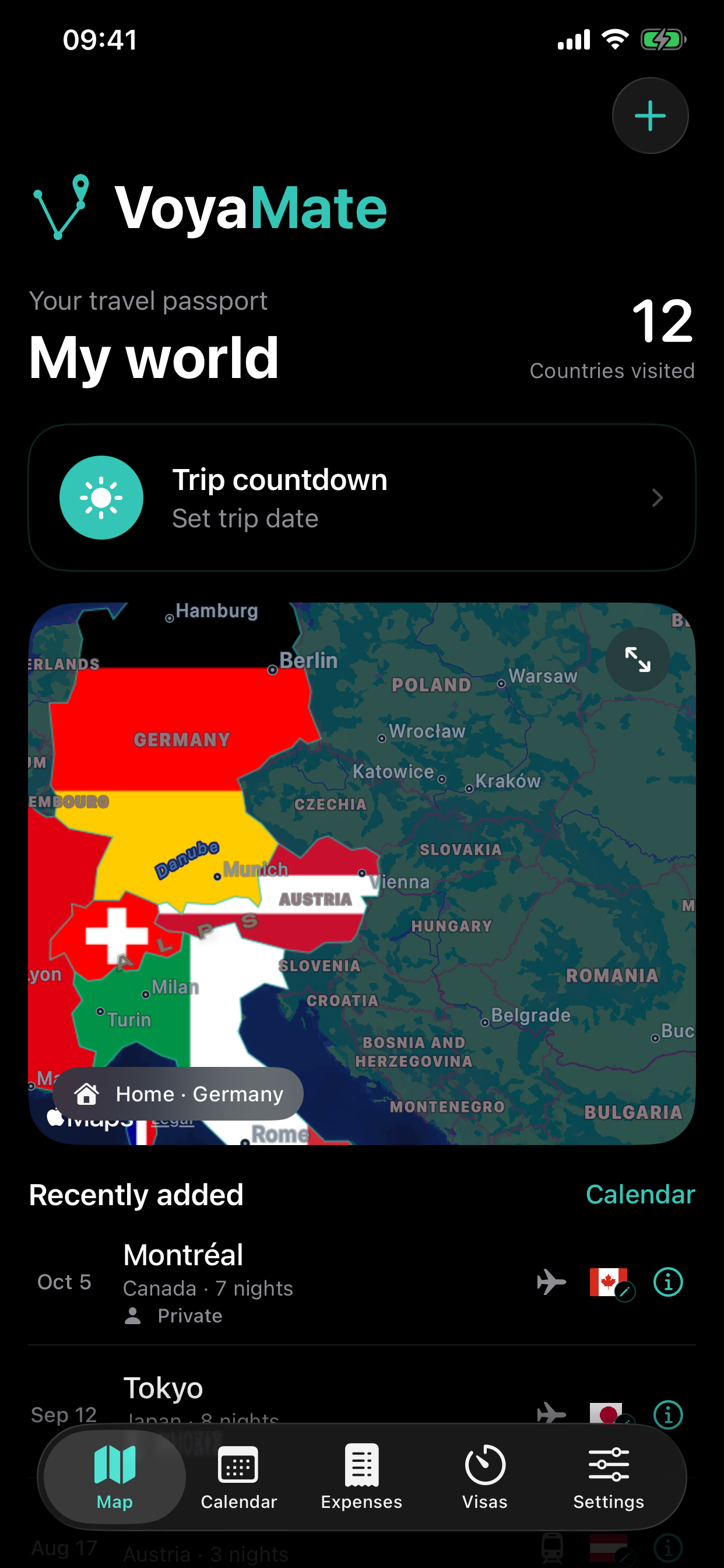 VoyaMate world map in dark mode and English app language