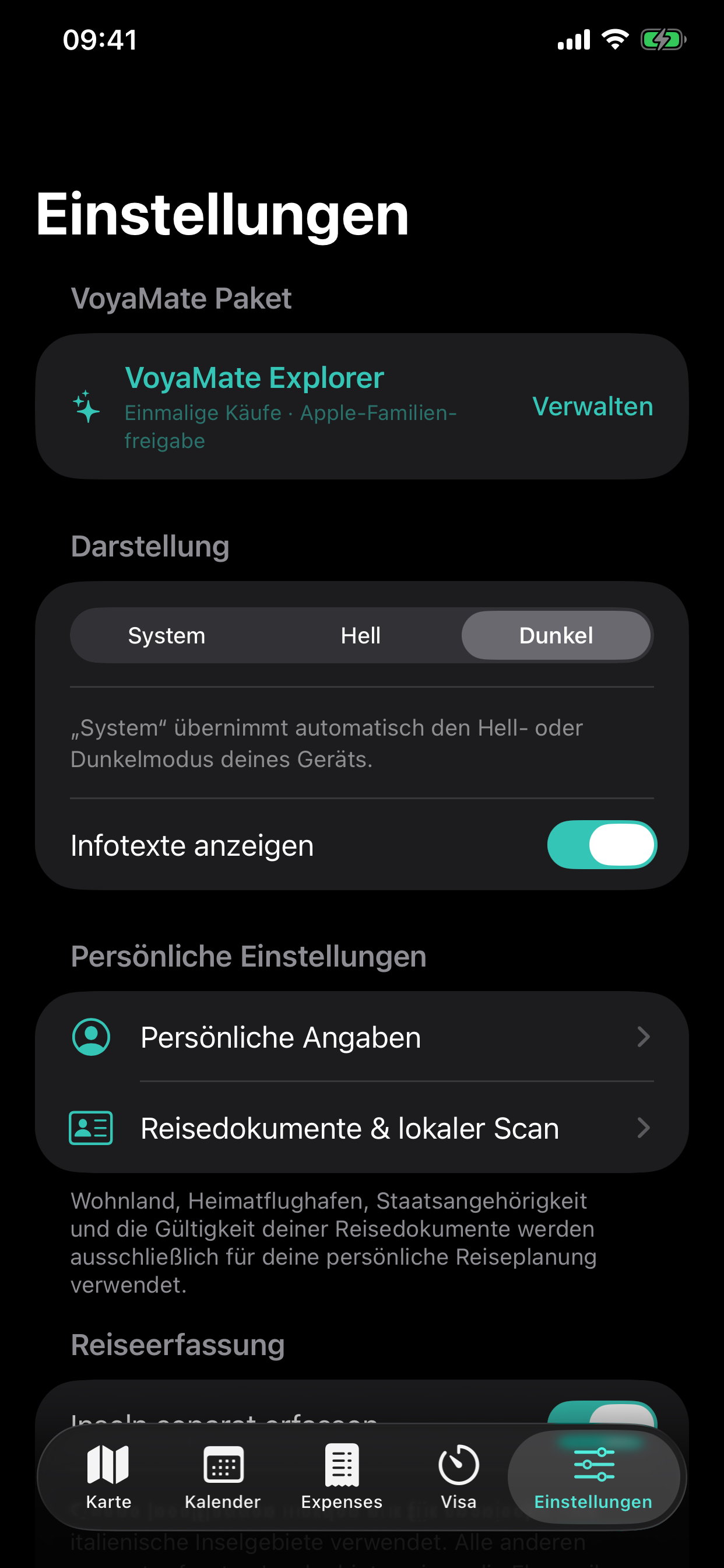 VoyaMate Einstellungen im Dark Mode