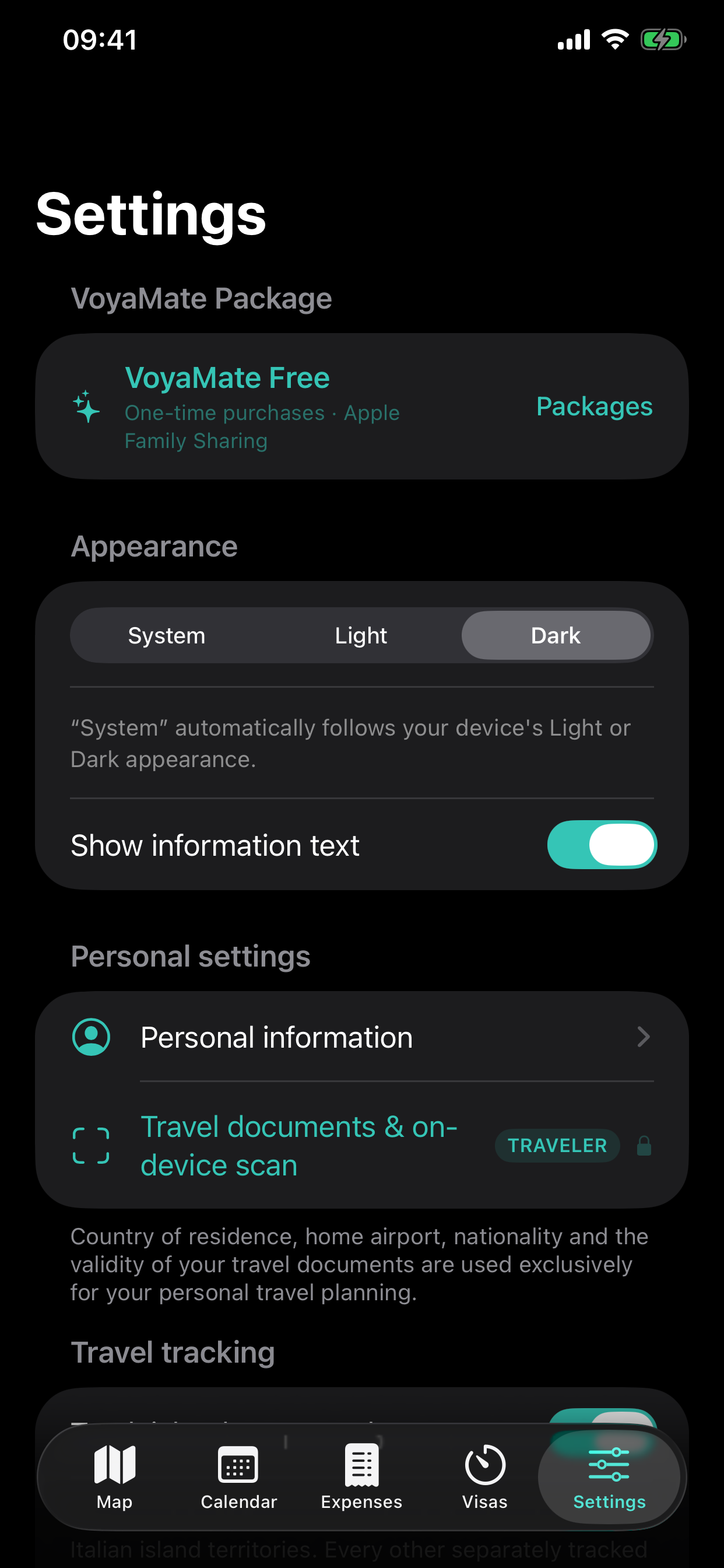 VoyaMate settings in dark mode and English