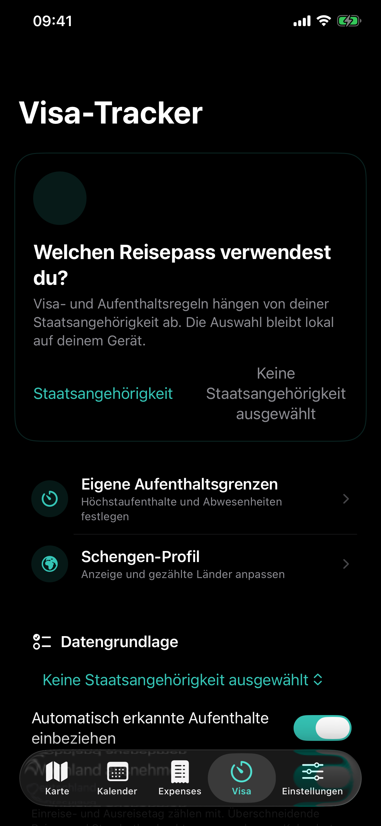 Visa- und Aufenthaltstracking in VoyaMate im Dark Mode