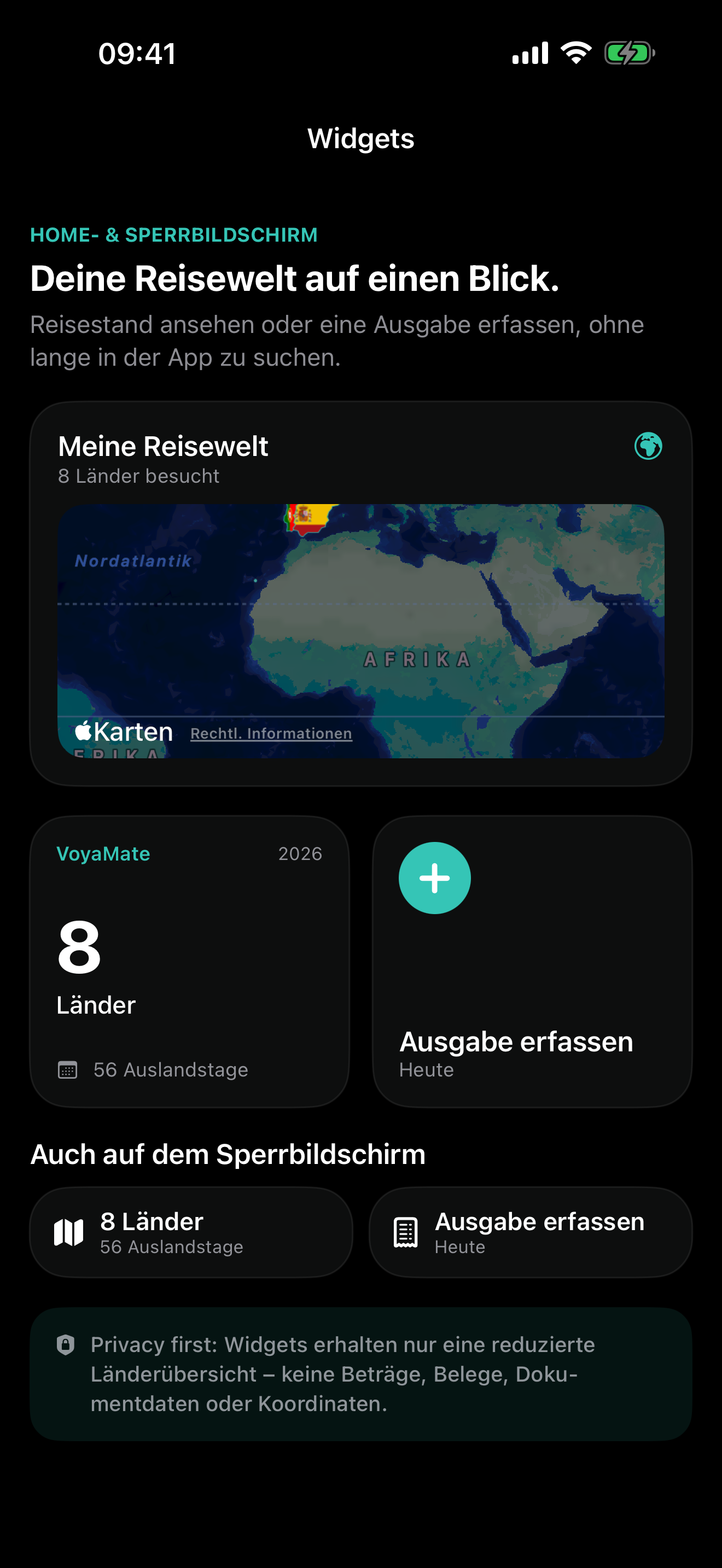 VoyaMate Widget-Galerie mit Reisewelt, Länderübersicht und Reisekosten-Schnellzugriff im Dark Mode
