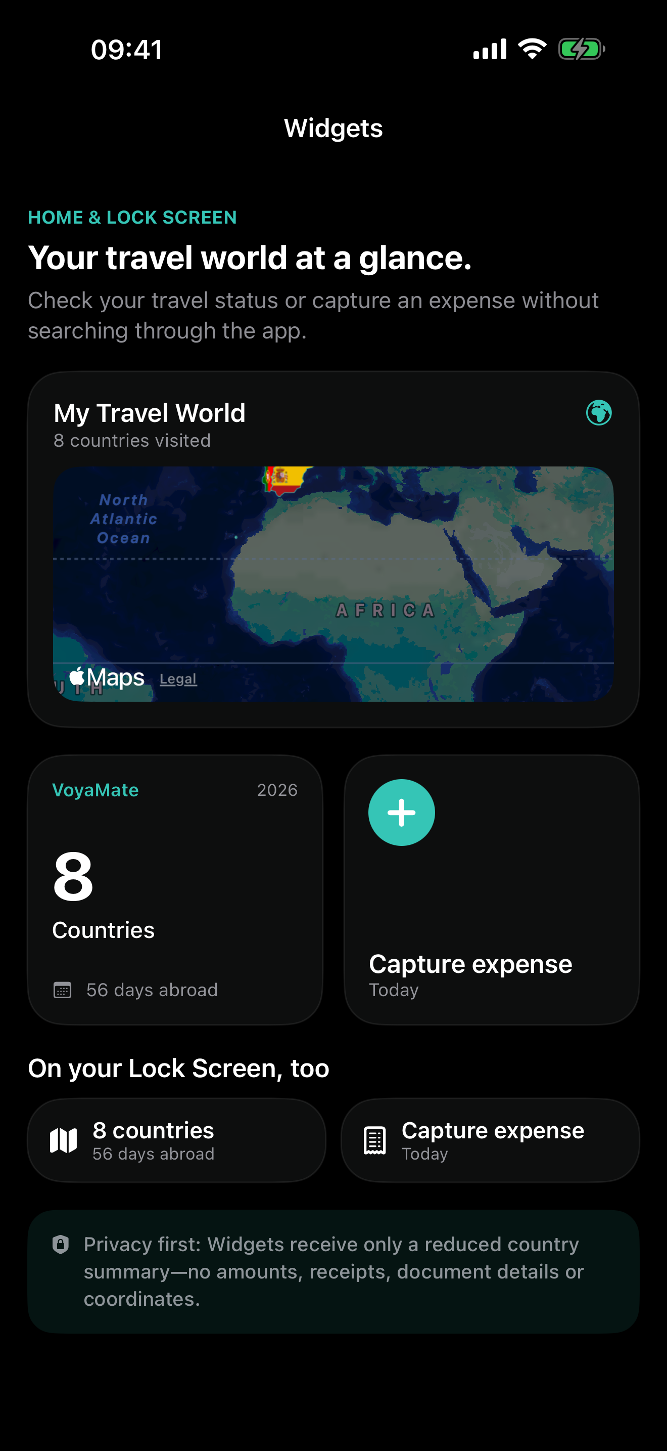 VoyaMate widget gallery with travel world country overview and quick expense capture in dark mode and English app language