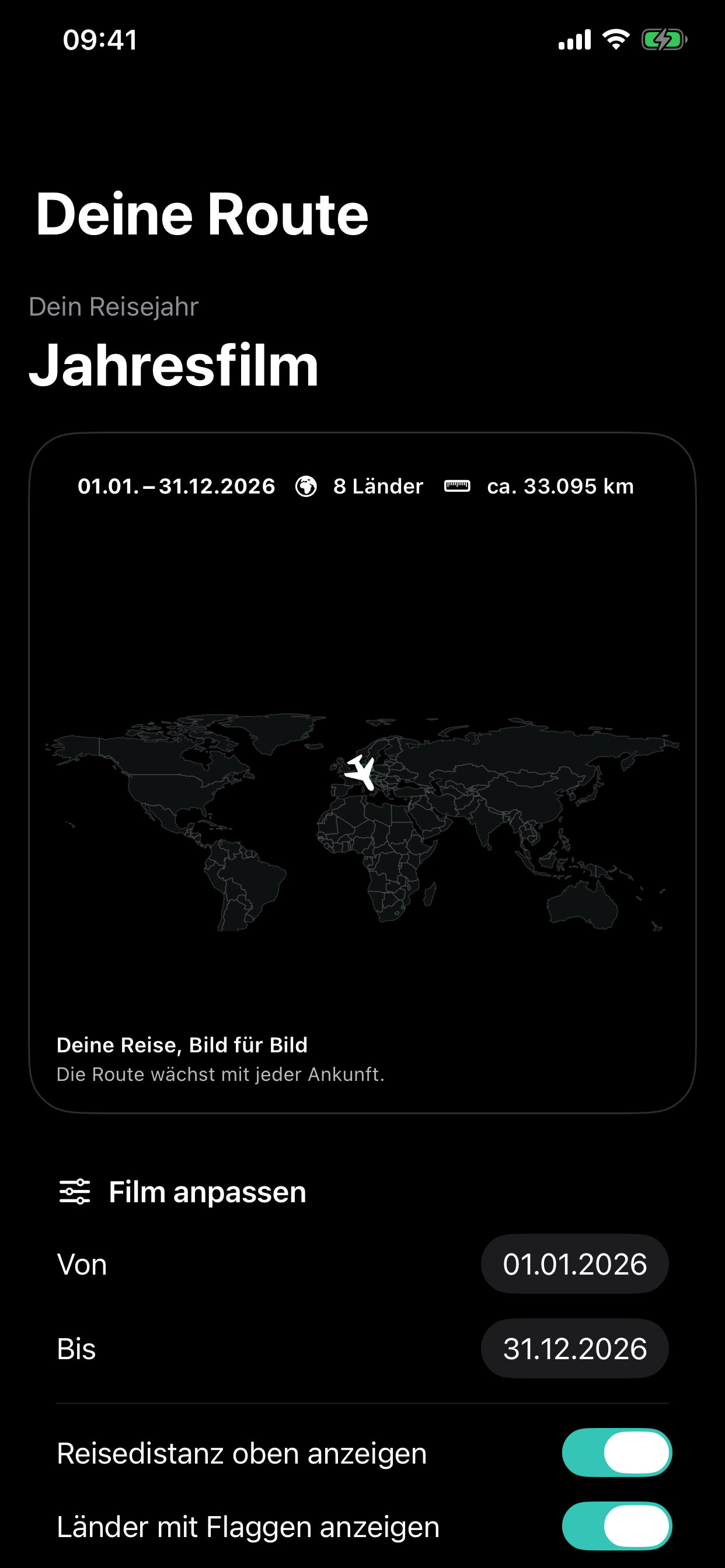 VoyaMate Einstellungen für Zeitraum Format Flaggen und Distanz des Reisefilms im Dark Mode